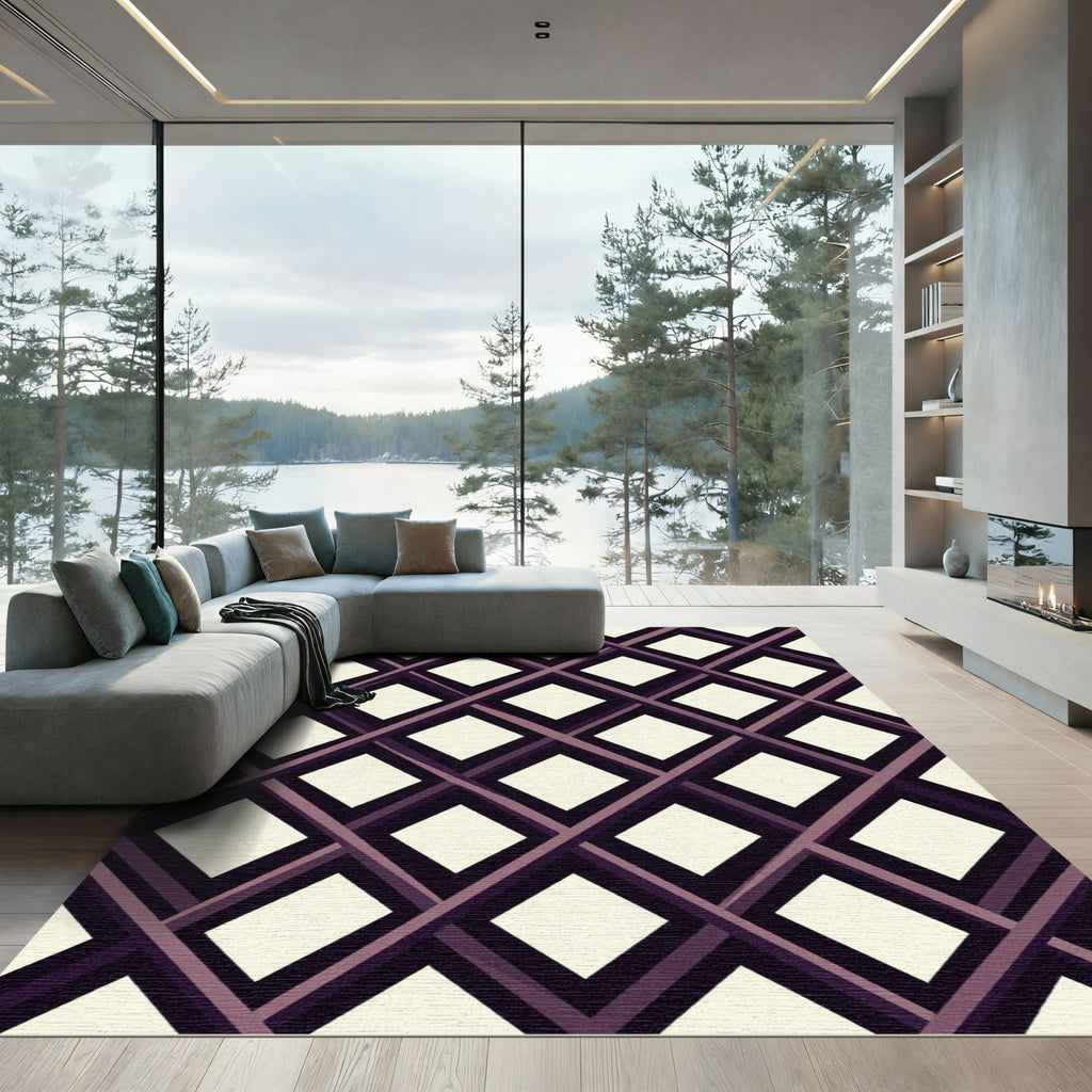 Modern Plum Lattice Geometric Diamond Rug
