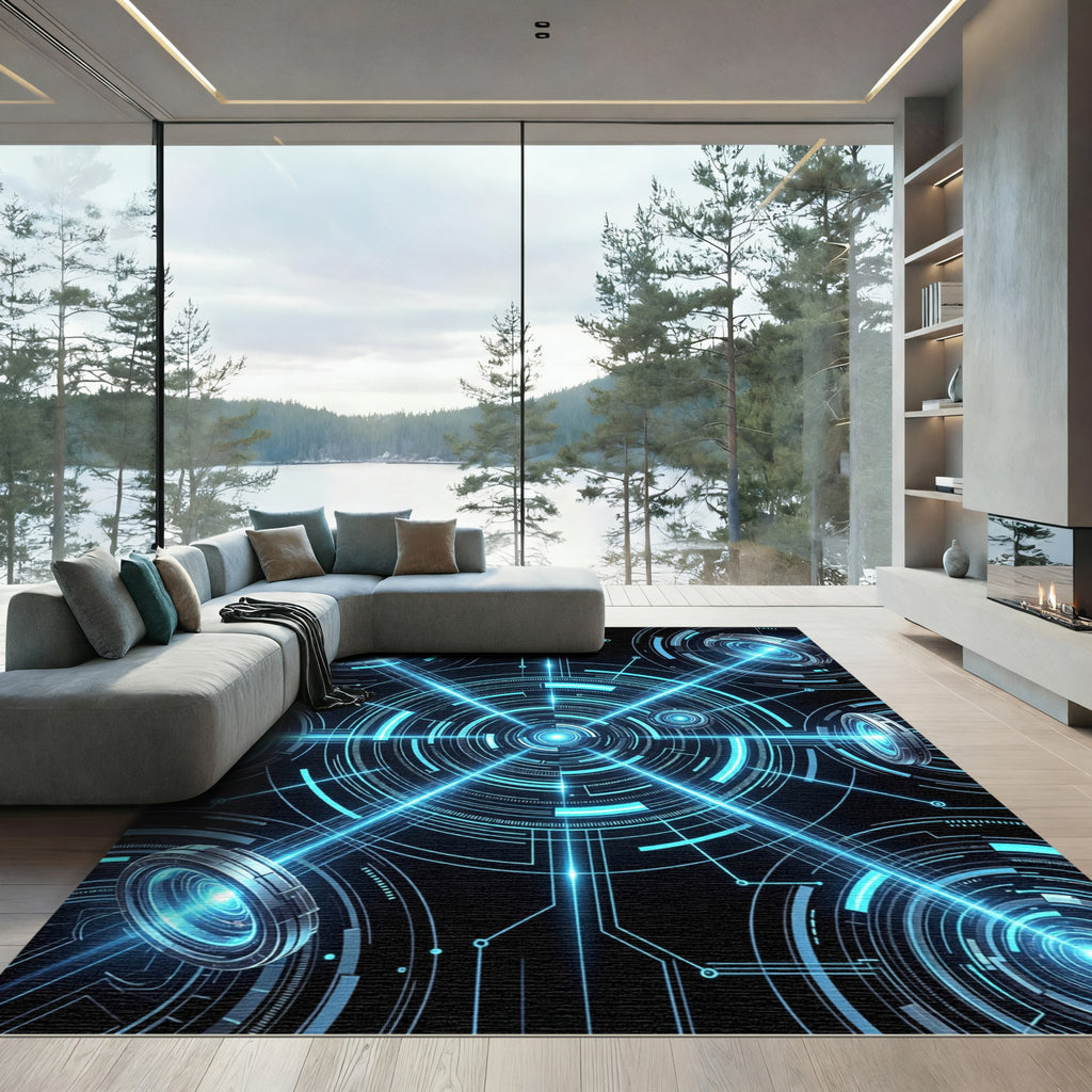 Luminous Cybernetic Blue Neon Core Rug