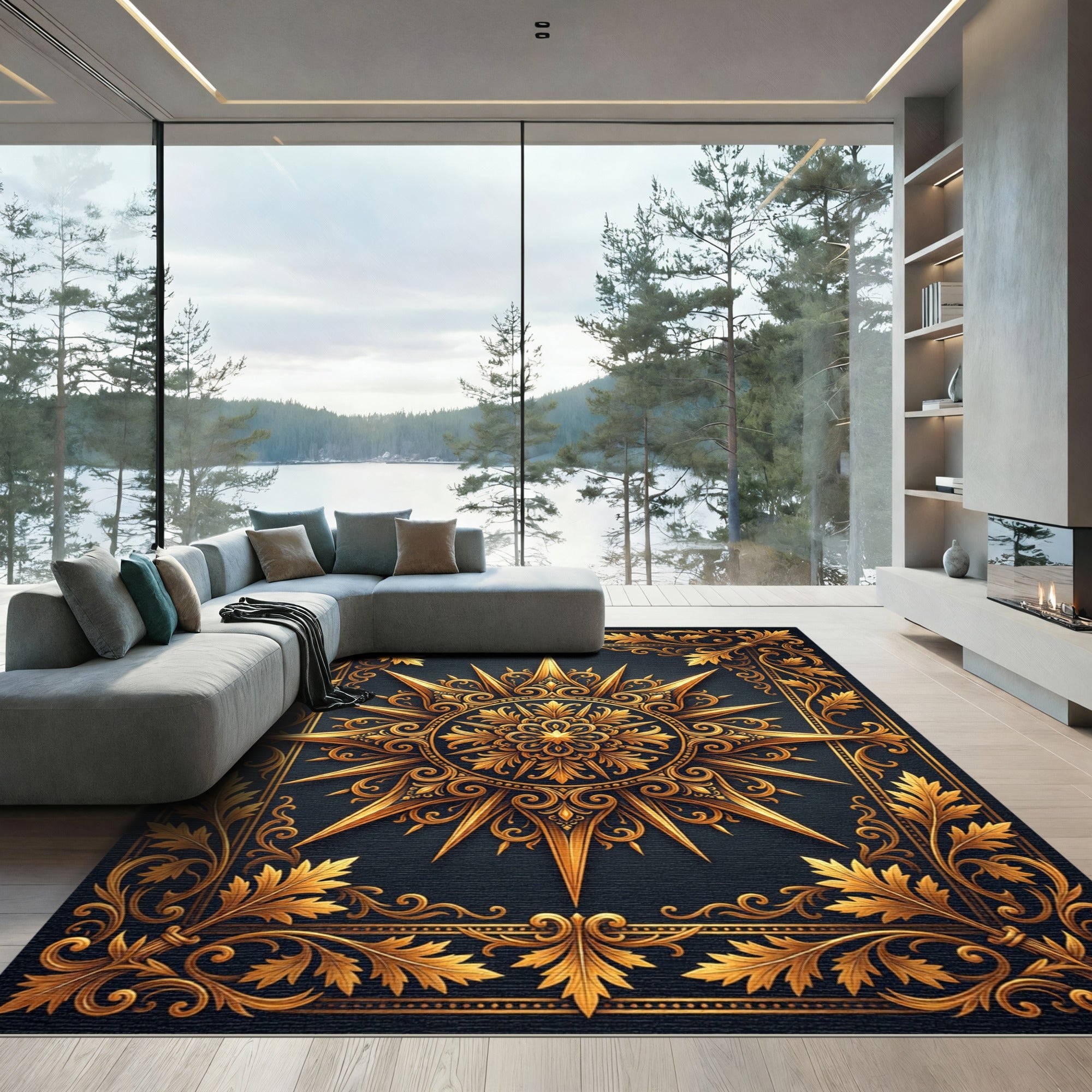 Ornate Golden Sunburst Filigree Medallion Rug