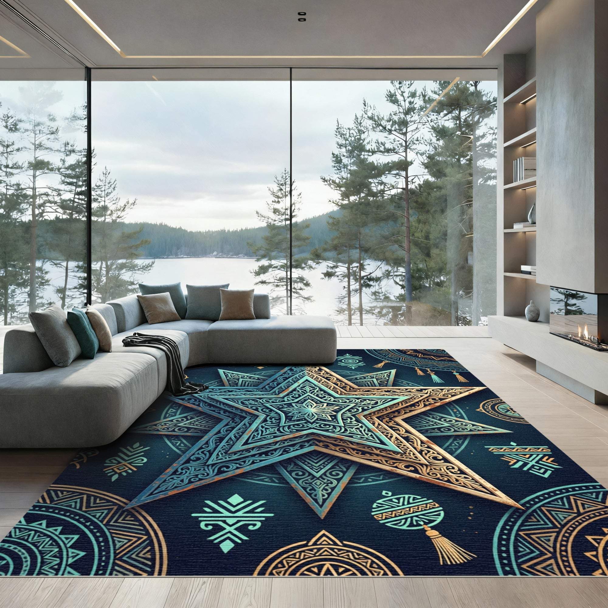 Ornate Teal and Gold Astral Star Rug