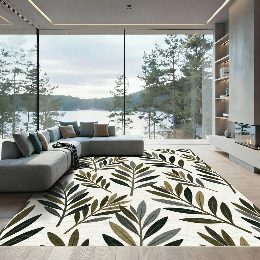 Earthy Green Leafy Branch Pattern Rug