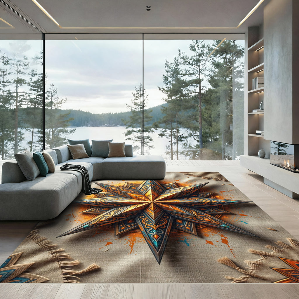 Ornate Metallic Gold Sunburst Celestial Rug