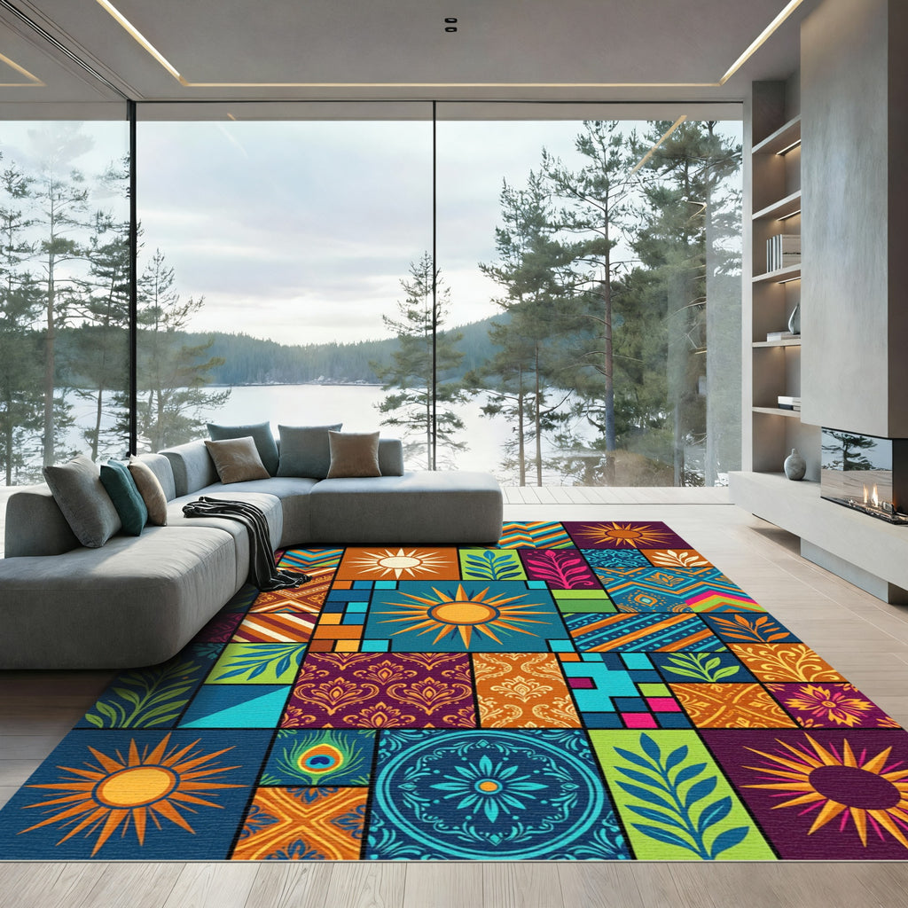 Vibrant Sun Peacock Feather Geometric Rug