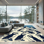 Whimsical Navy Blue Puffin Flock Rug