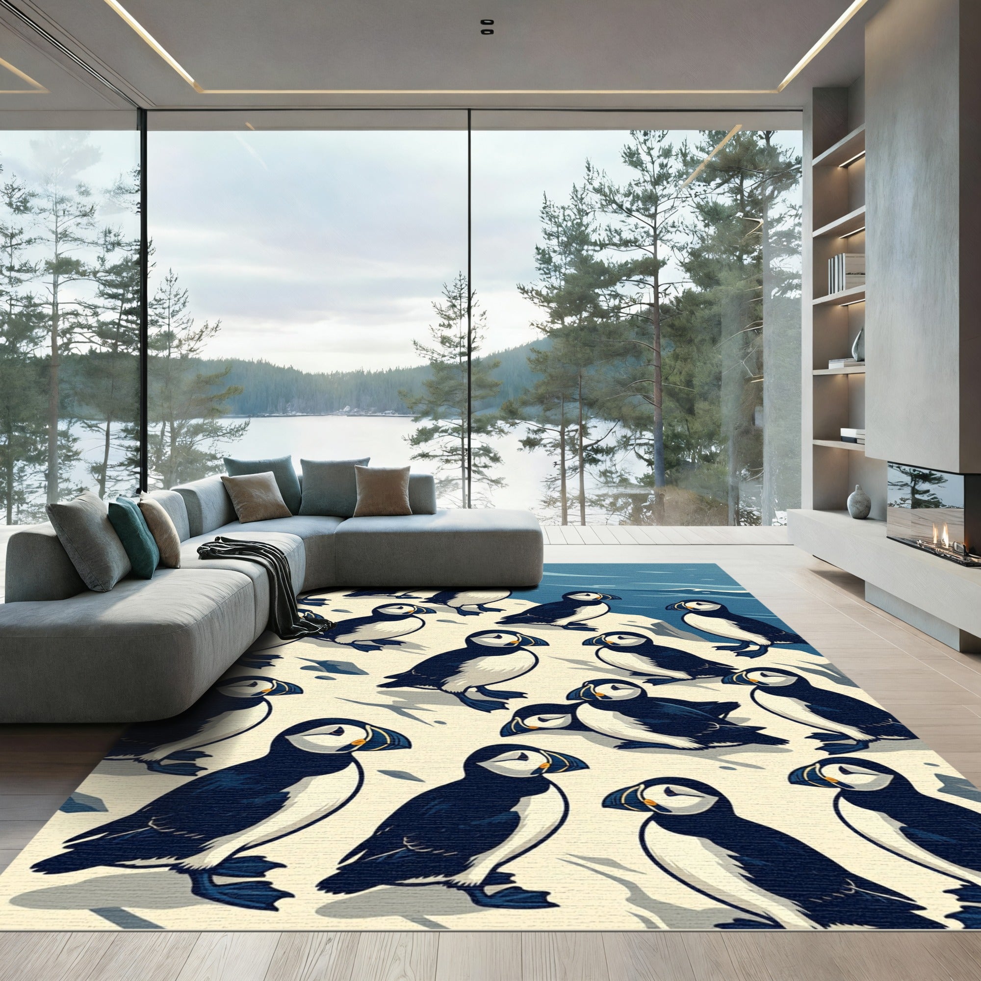 Whimsical Navy Blue Puffin Flock Rug