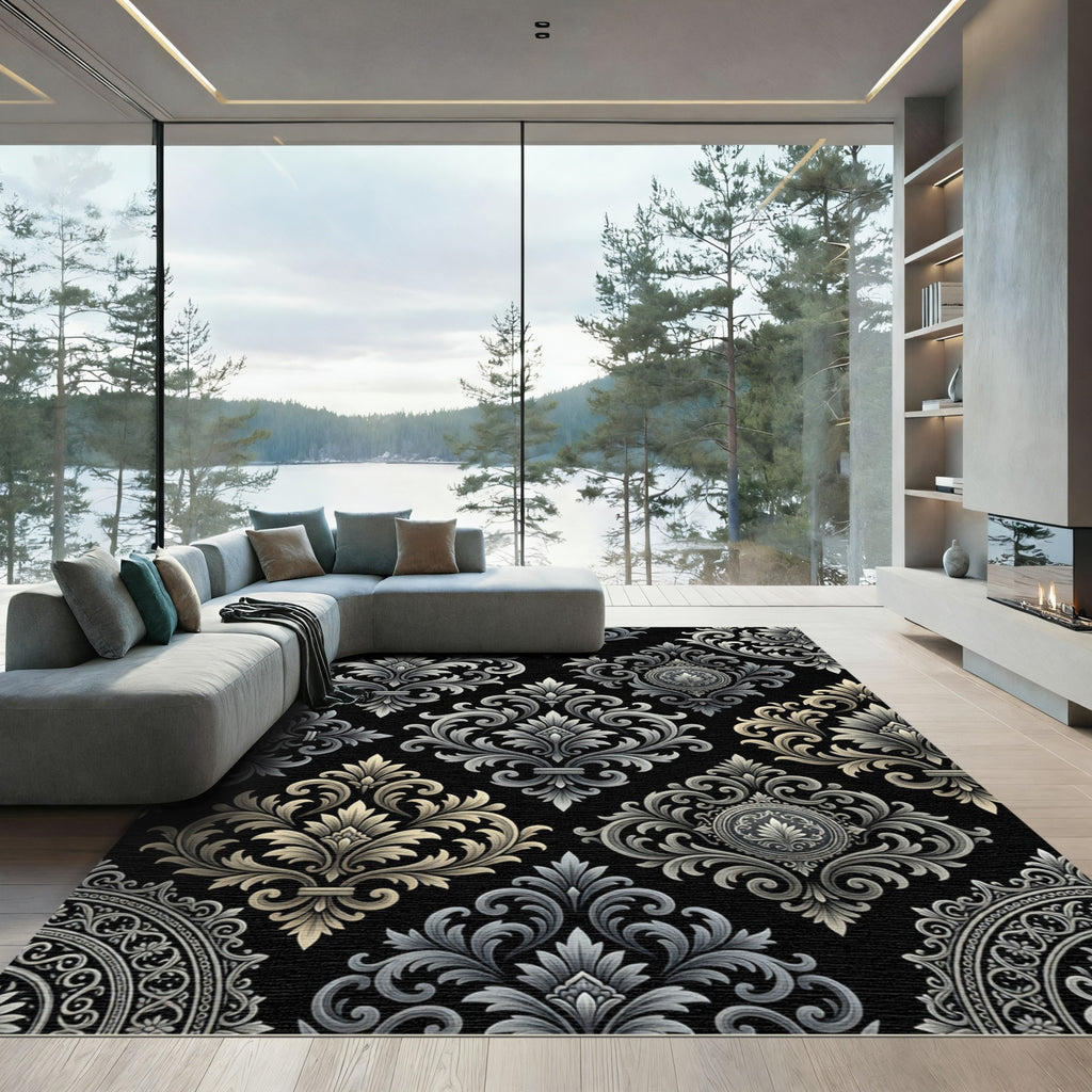 Ornate Gray Gold Accents Damask Rug