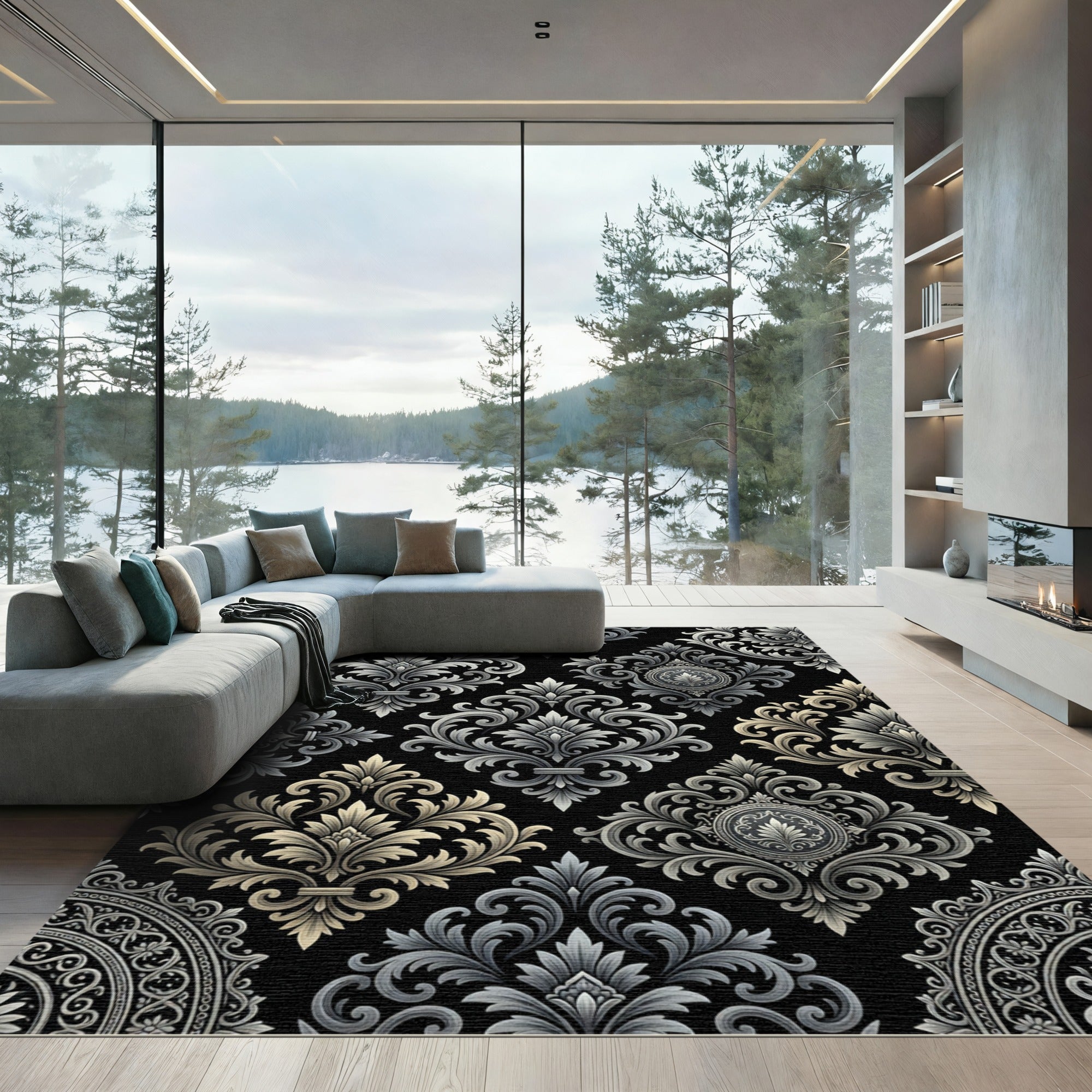 Ornate Gray Gold Accents Damask Rug