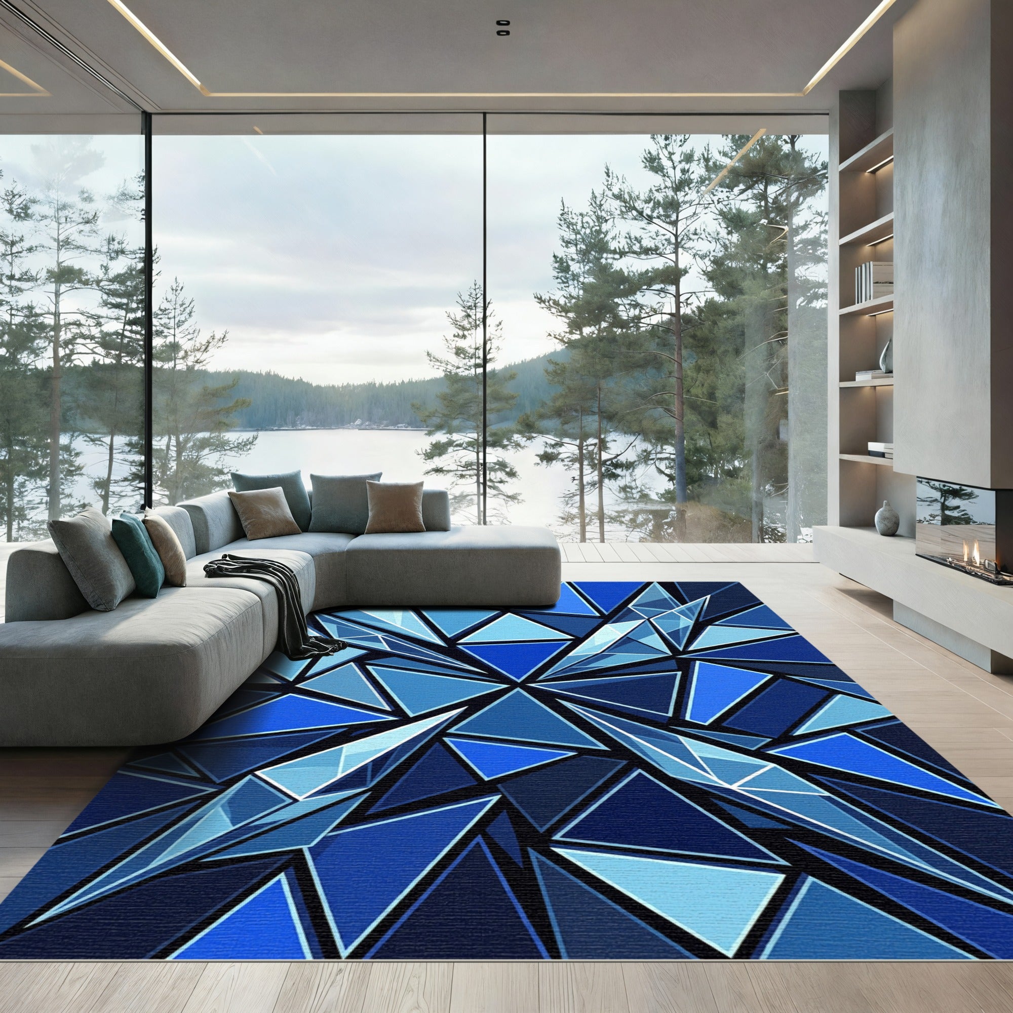 Modern Deep Blue Geometric Crystal Rug