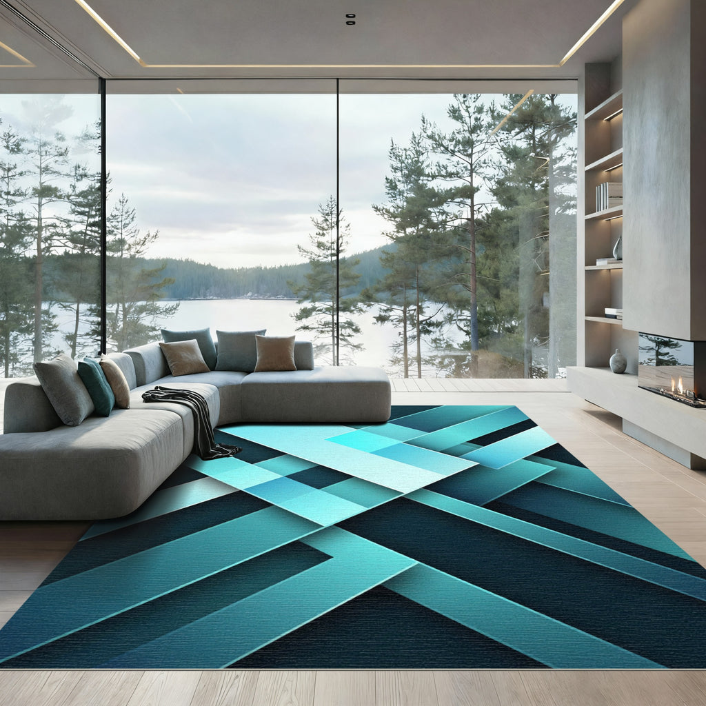 Modern Geometric Cyan Layered Abstract Rug