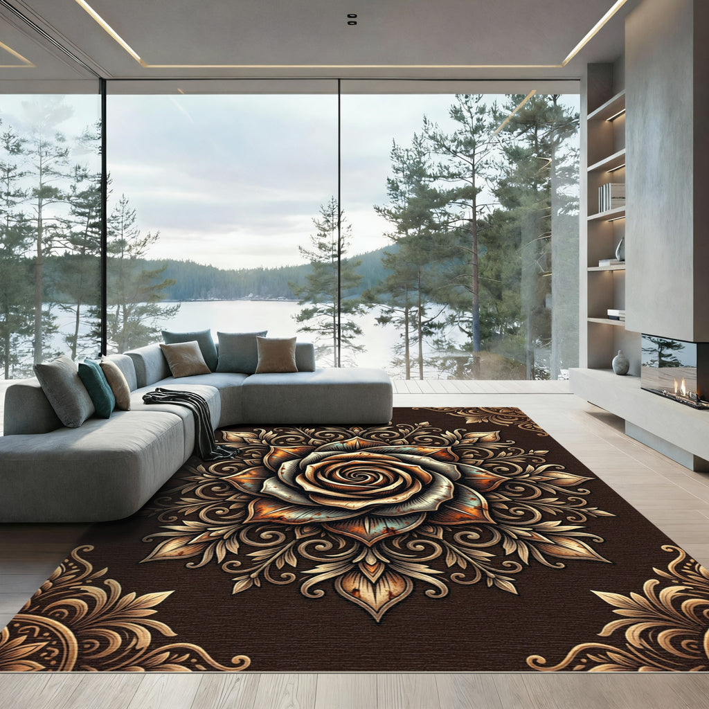 Vintage Copper Bronze Floral Mandala Rug