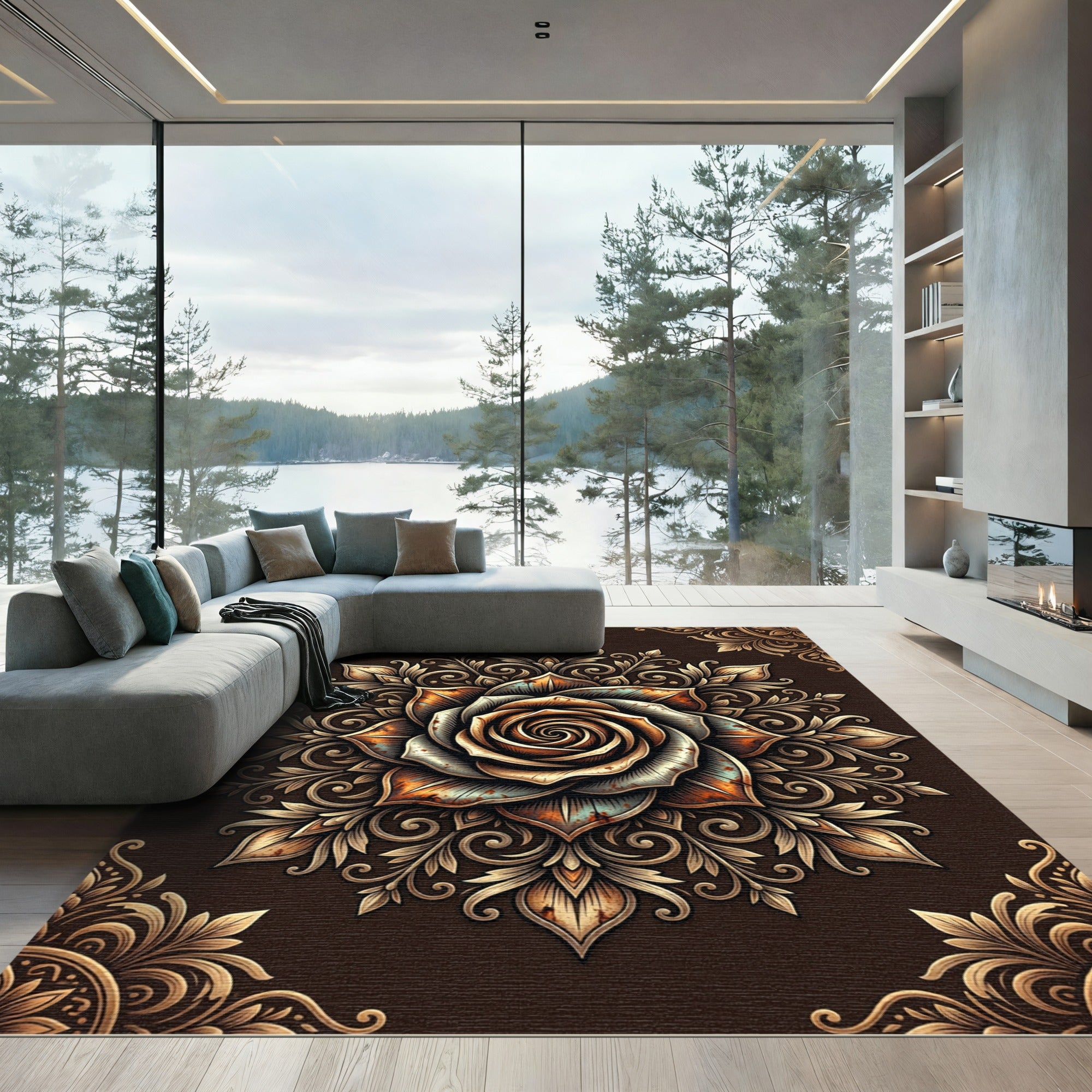 Vintage Copper Bronze Floral Mandala Rug