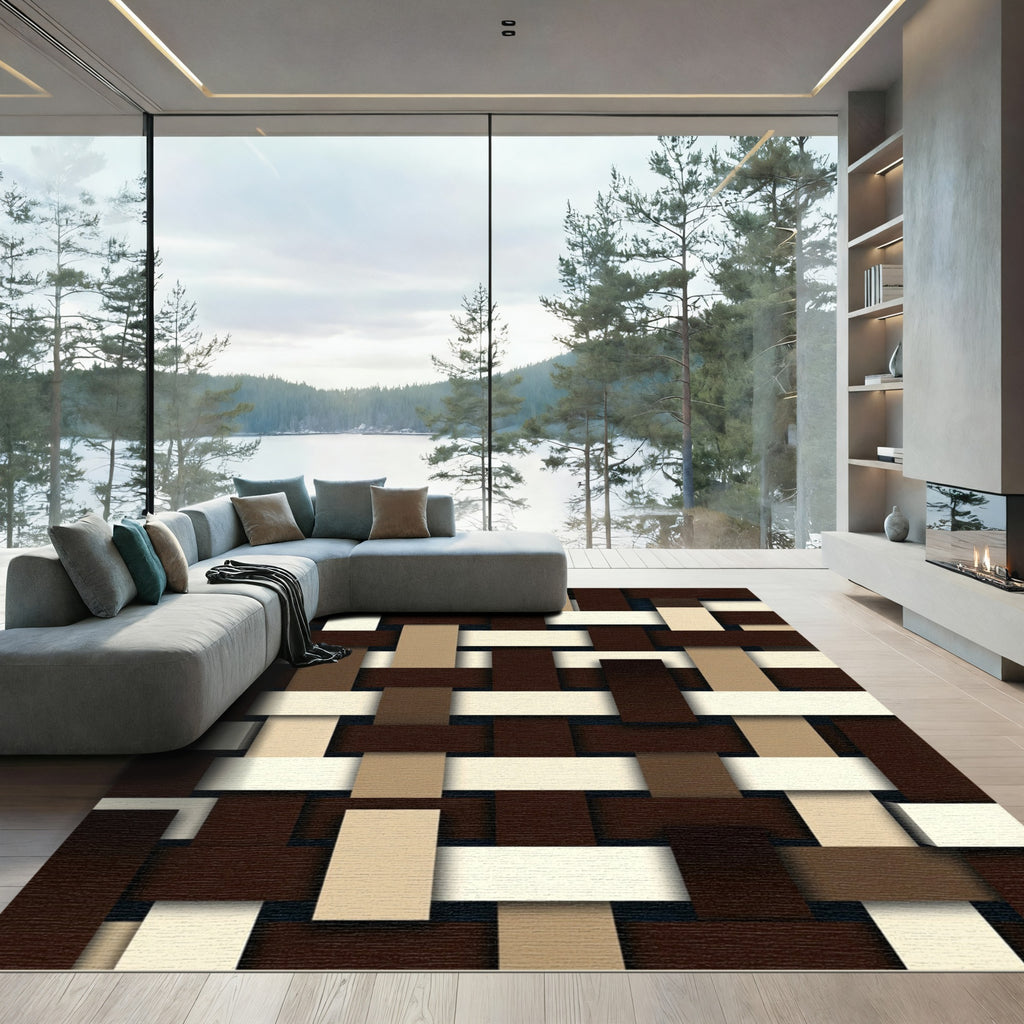 Chic Woven Geometric Espresso Cream Rug