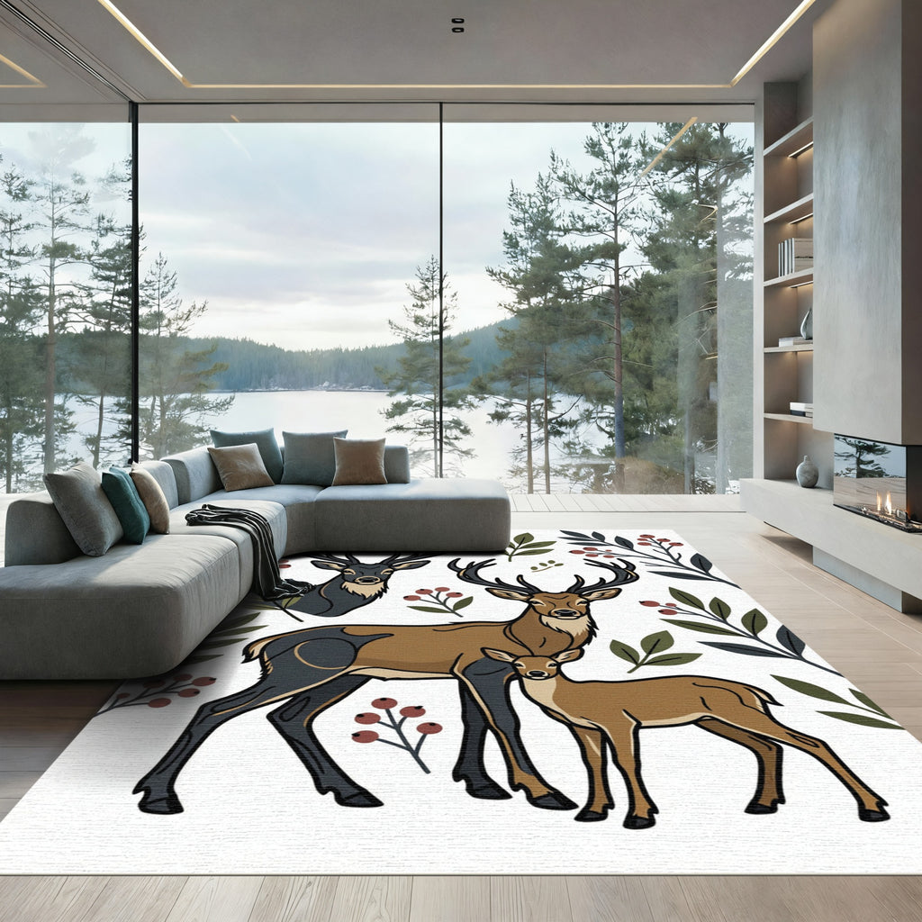 Rustic Woodland Deer and Berry Illustration Rug