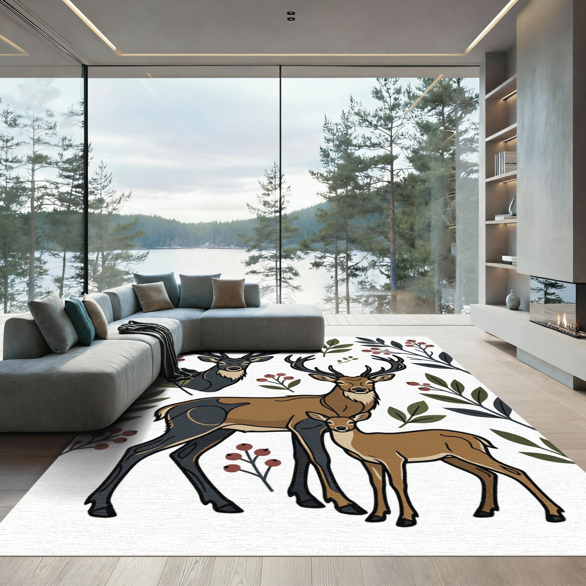 Rustic Woodland Deer and Berry Illustration Rug