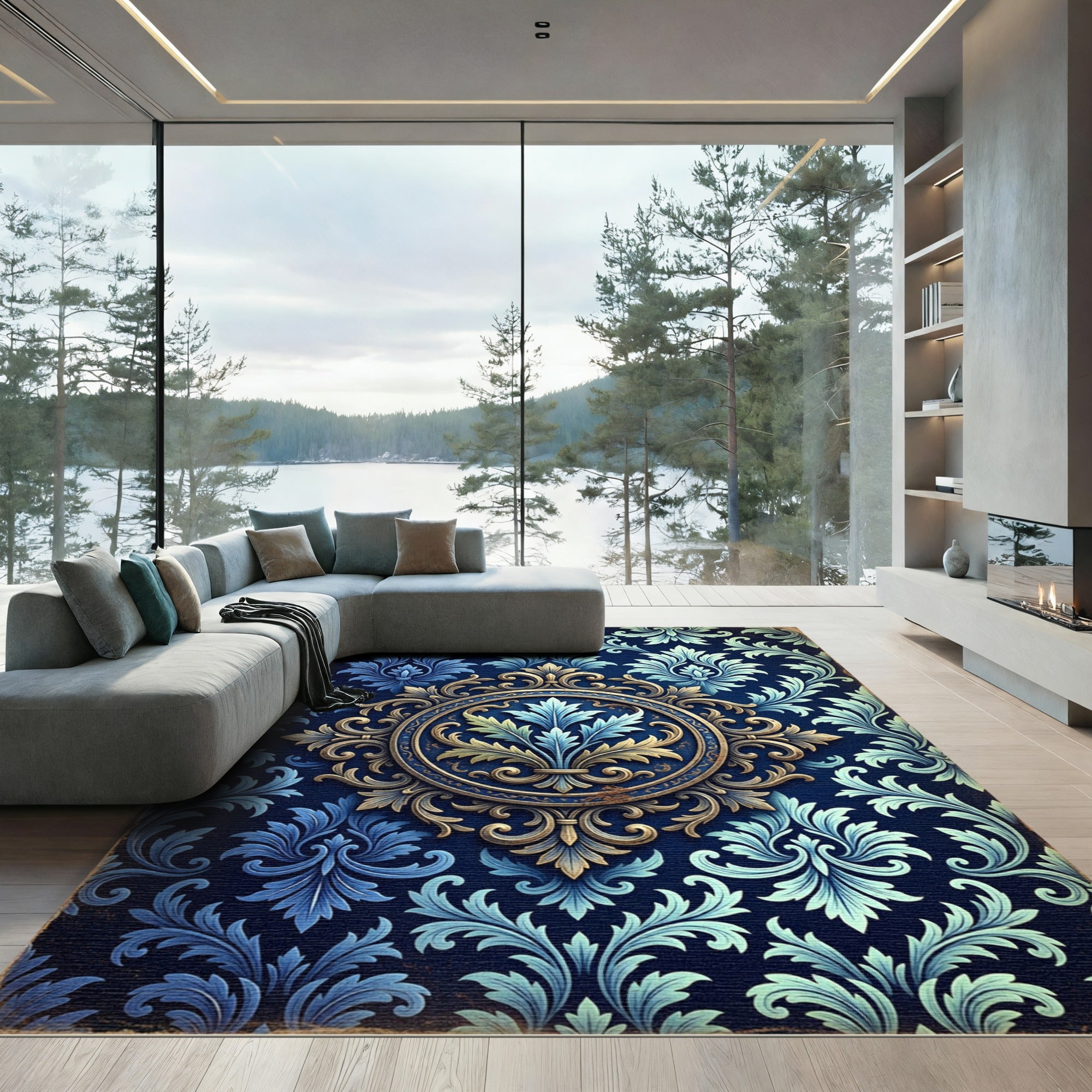 Ornate Blue Golden Acanthus Medallion Rug