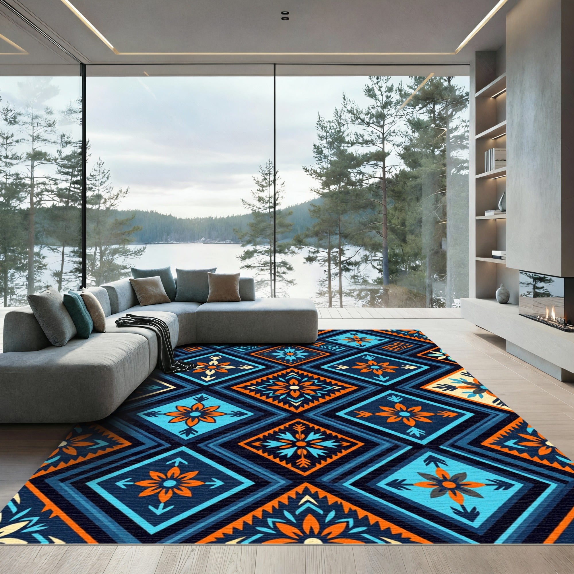 Vibrant Blue and Orange Geo Floral Rug