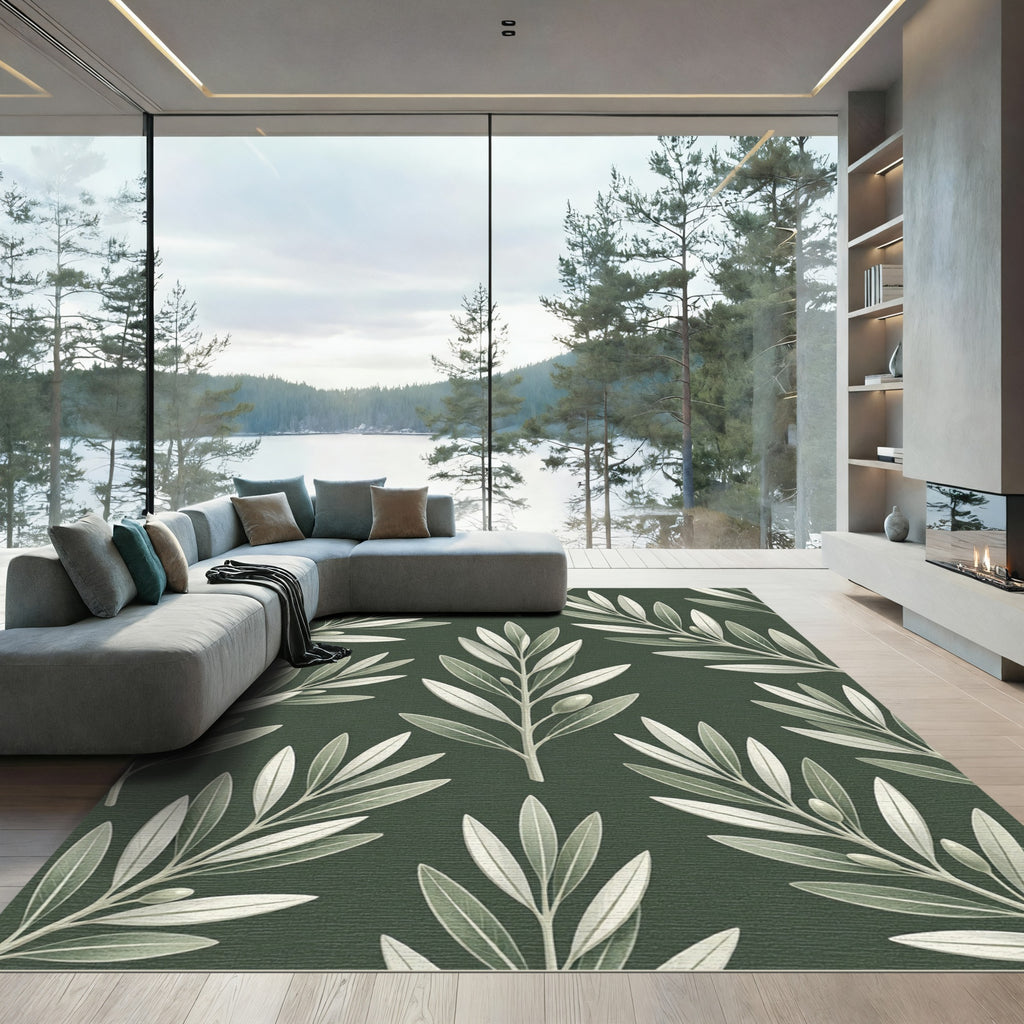 Elegant Olive Branch Deep Green Rug