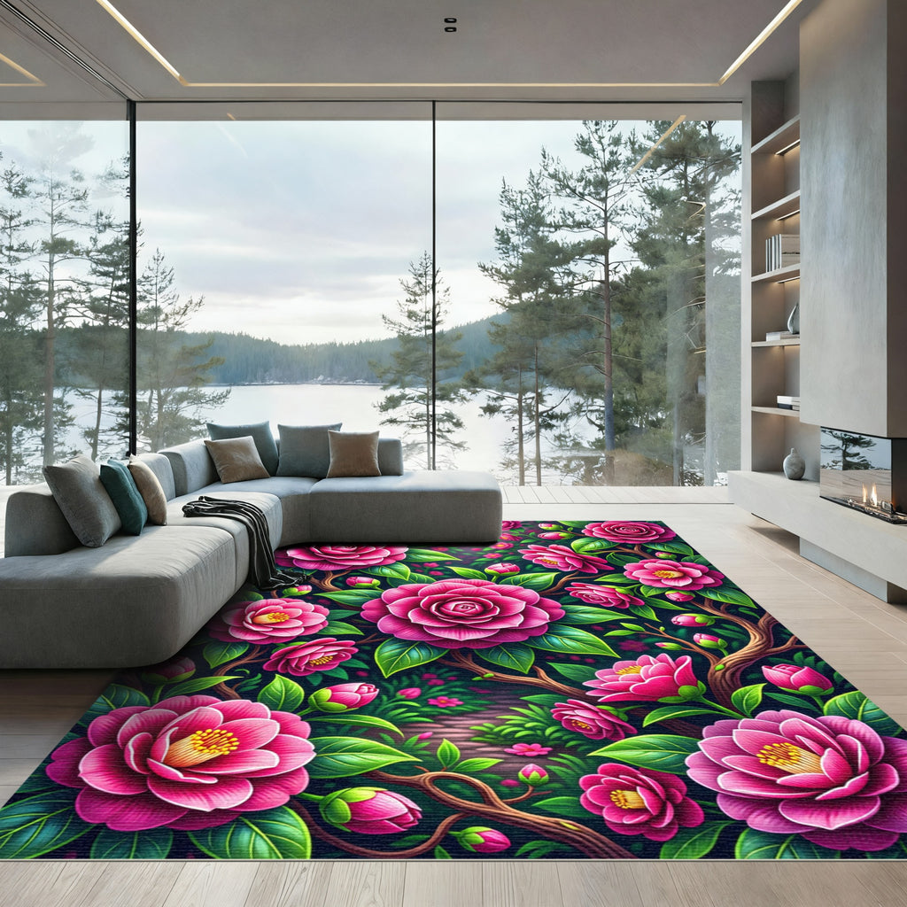 Vibrant Pink Camellia Floral Garden Rug