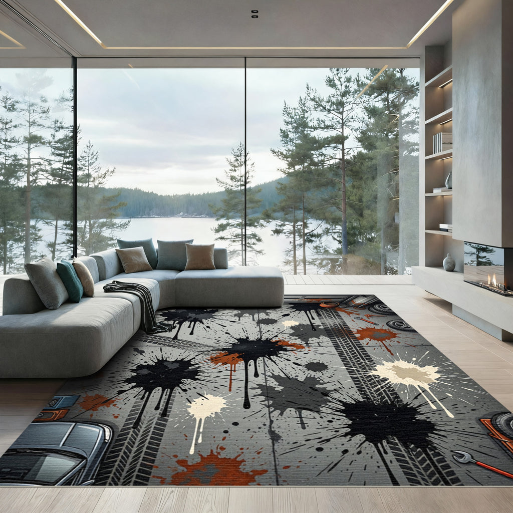 Grayscale Splatter Abstract Tire Tracks Rug