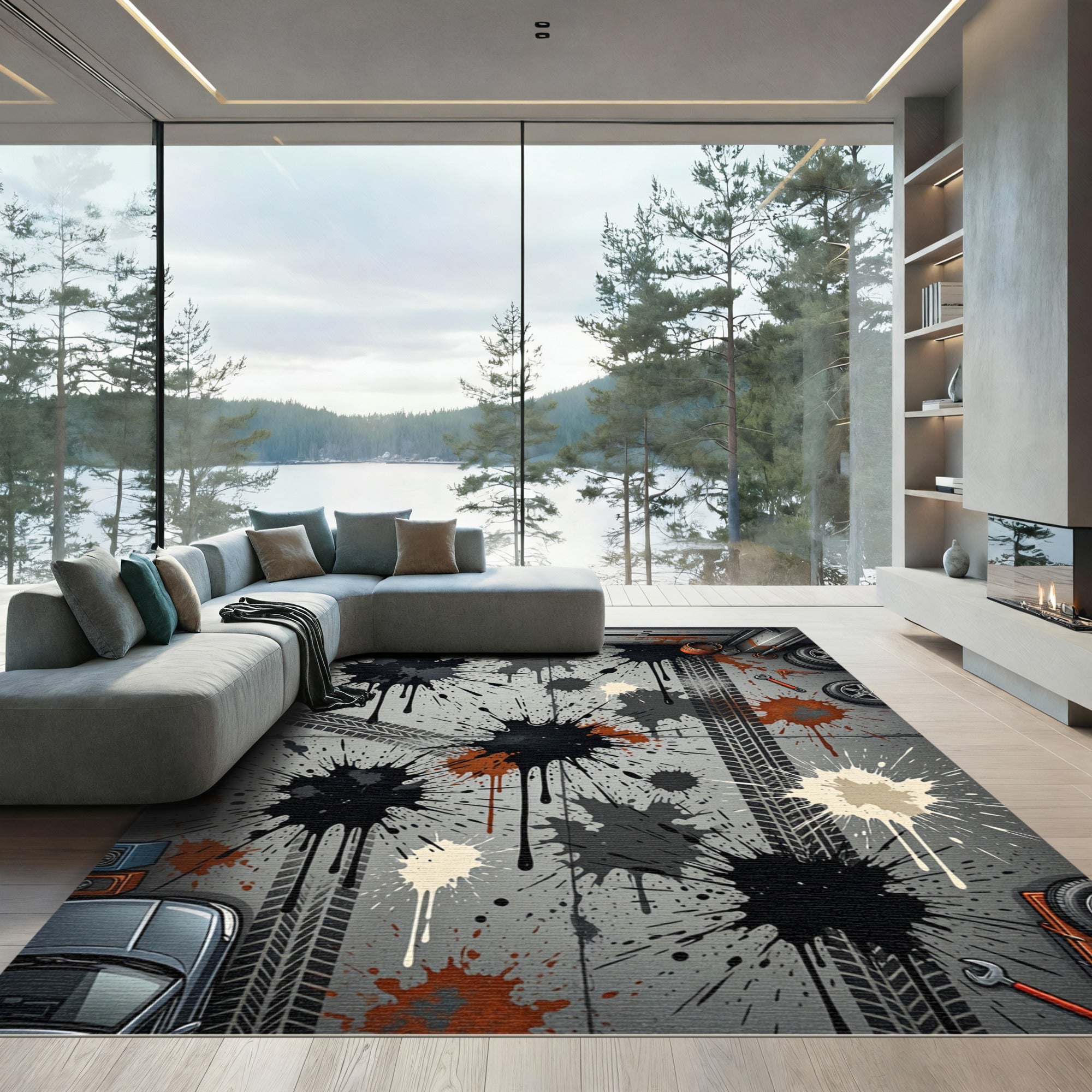 Grayscale Splatter Abstract Tire Tracks Rug