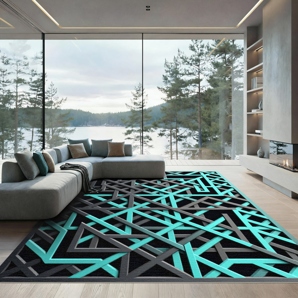 Geometric Teal and Charcoal Intersecting Lines Rug