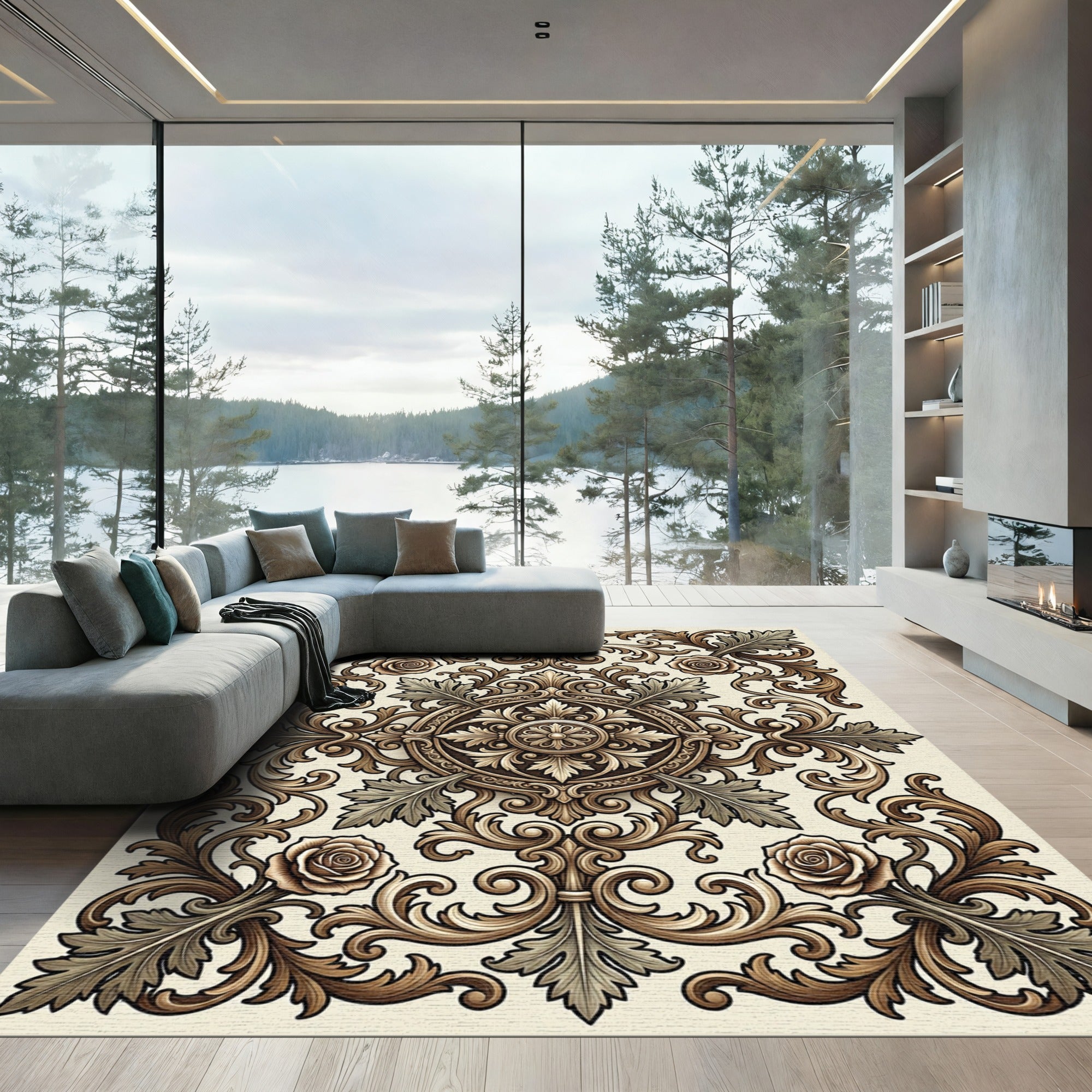 Ornate Brown Rose Foliage Scrollwork Rug