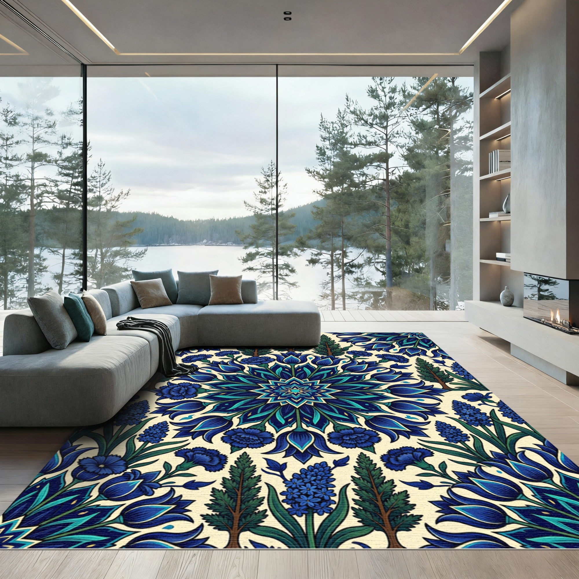 Deep Blue Floral Intricate Mandalas Rug