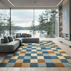 Aged Blue Tan Checkerboard Grid Rug