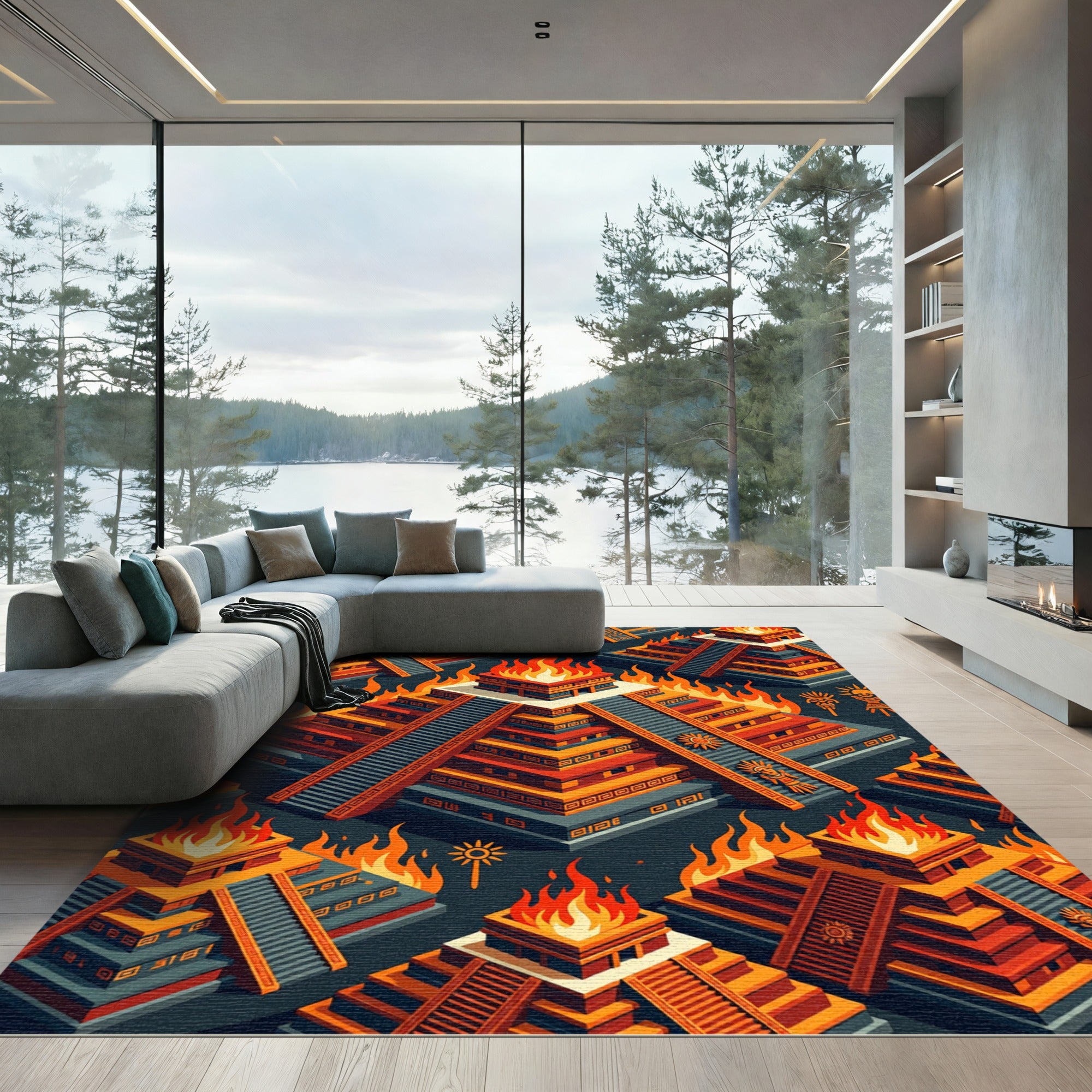 Fiery Aztec Temple Isometric Golden Sun Rug