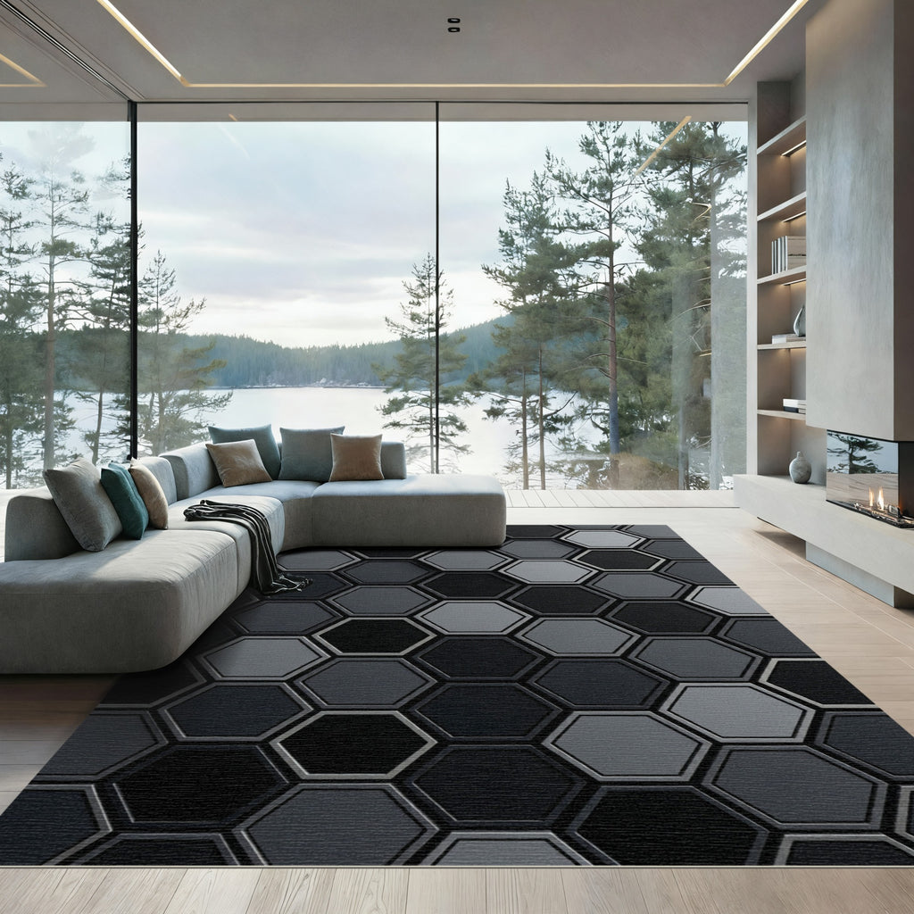 Monochromatic Hexagon Geometric Arrangement Rug