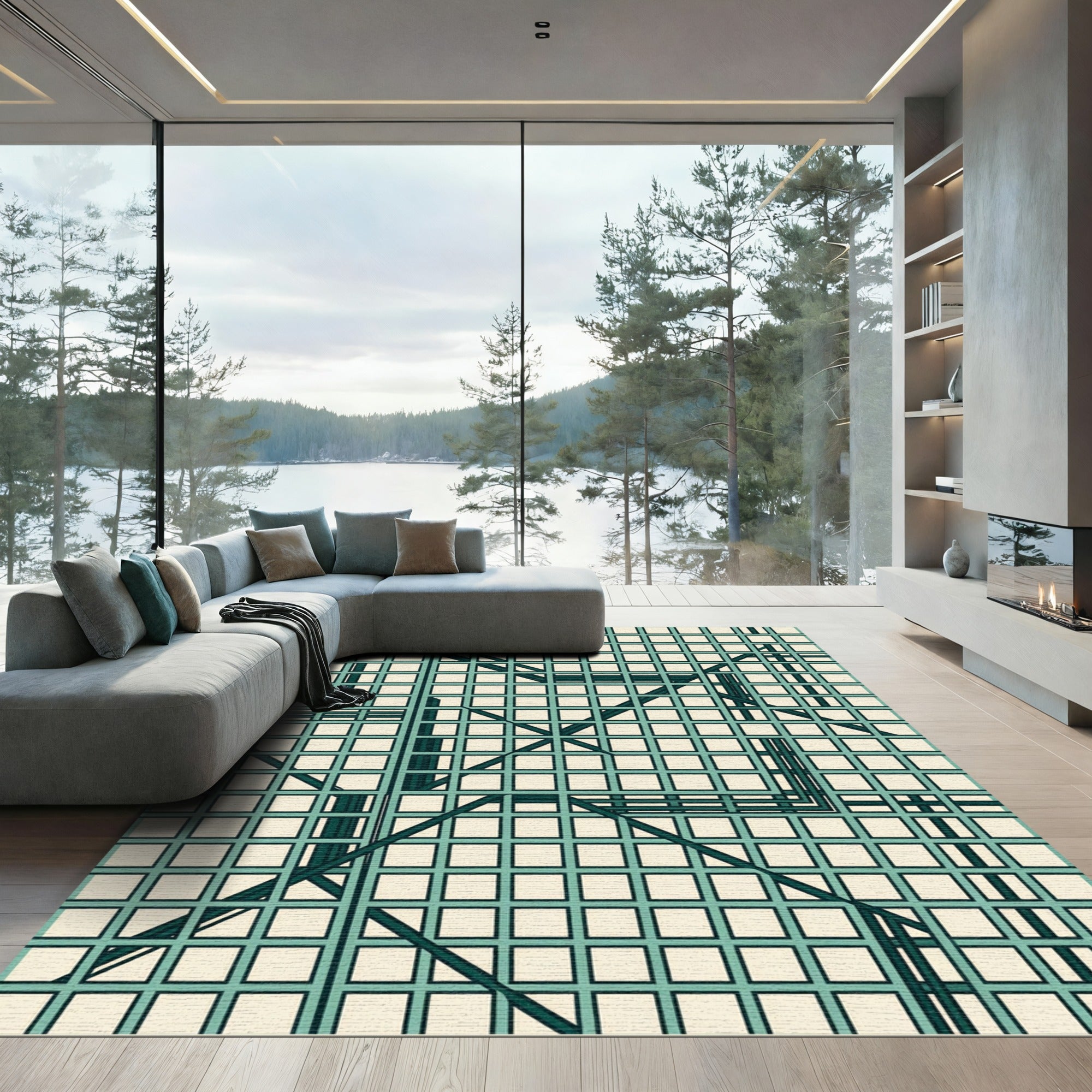 Minimalist Teal Grid Geometric Linear Rug