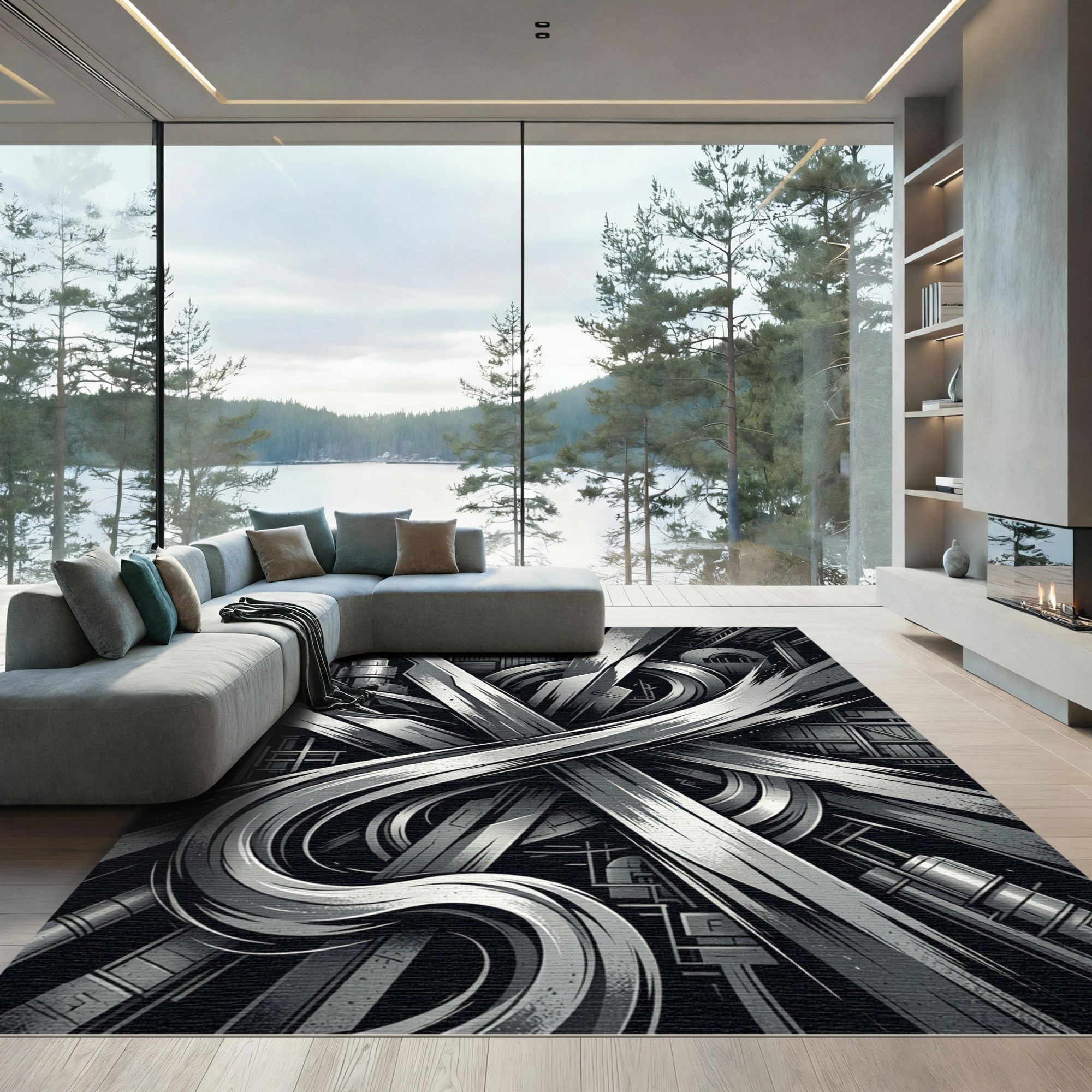 Monochromatic Industrial Steel Abstract Curve Rug