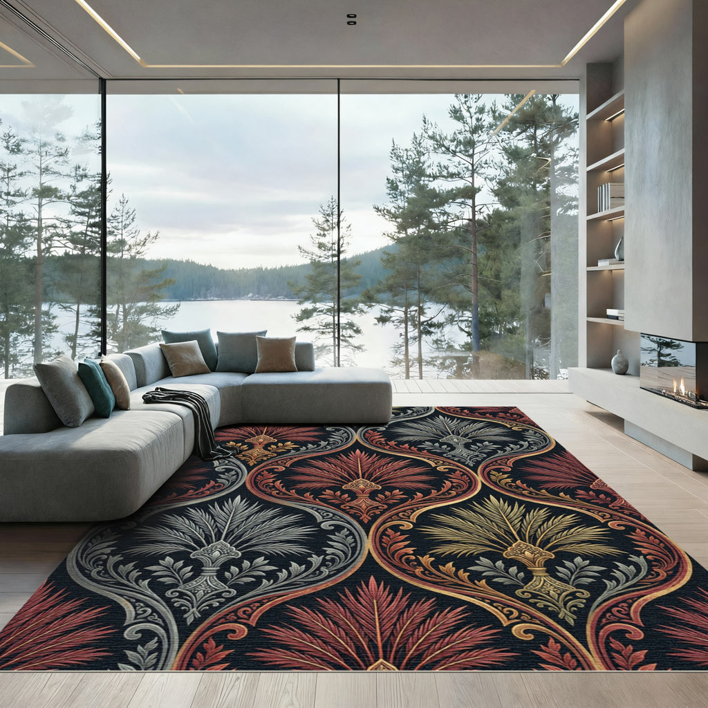 Ornate Crimson and Gold Palmette Tapestry Rug