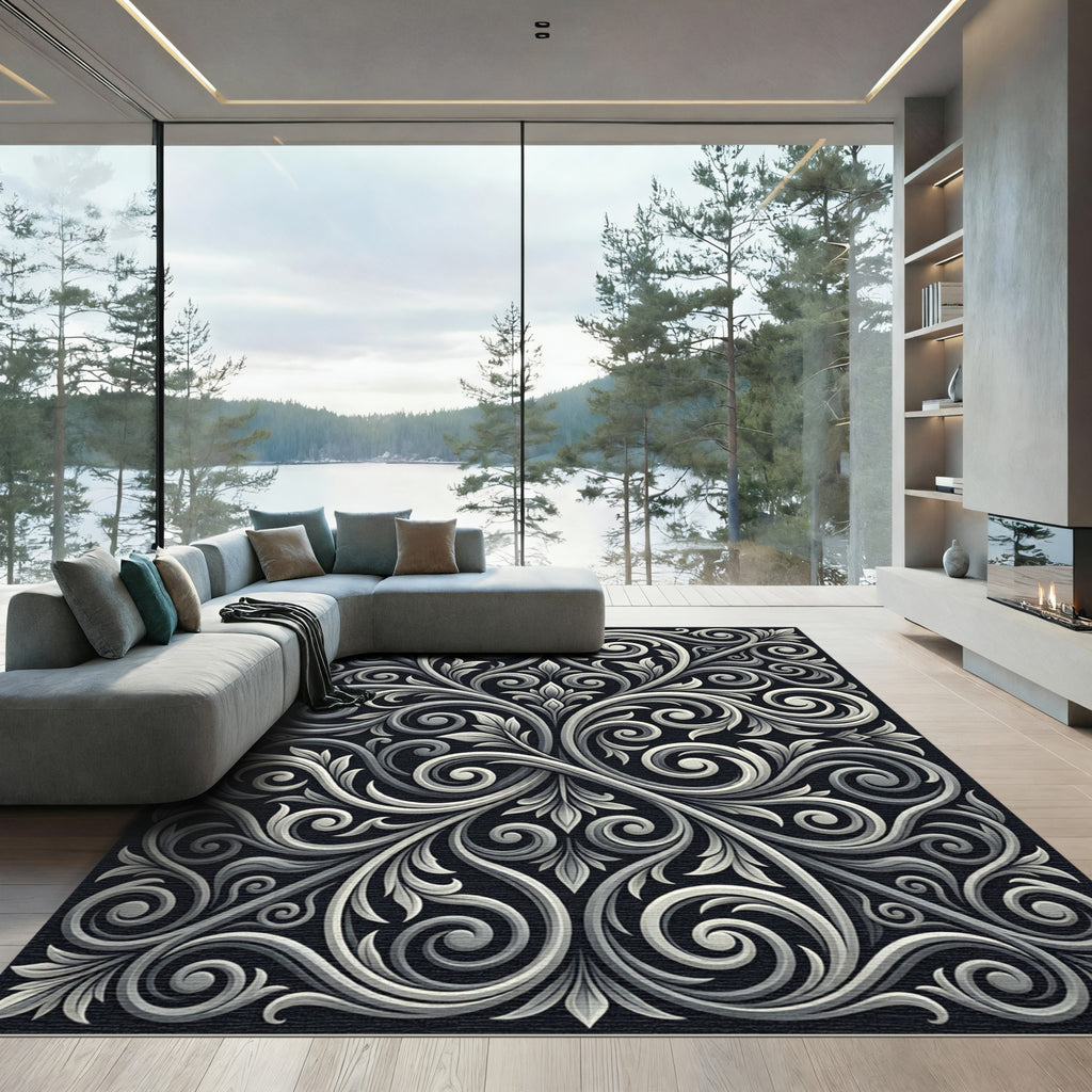 Ornate Grey Scrollwork Flourish Rug