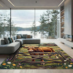 Pastoral Brown Highland Cow Meadow Scene Rug