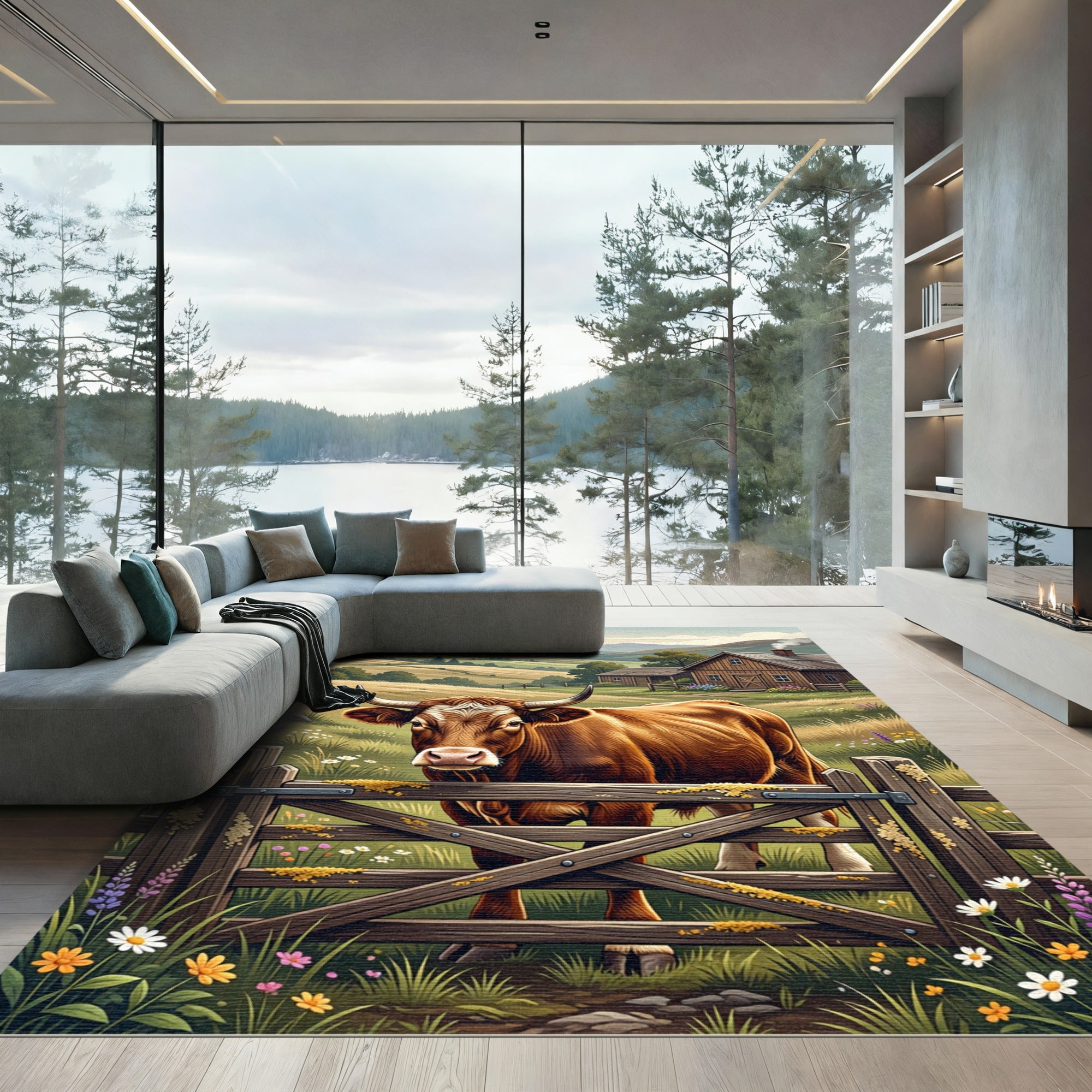 Pastoral Brown Highland Cow Meadow Scene Rug