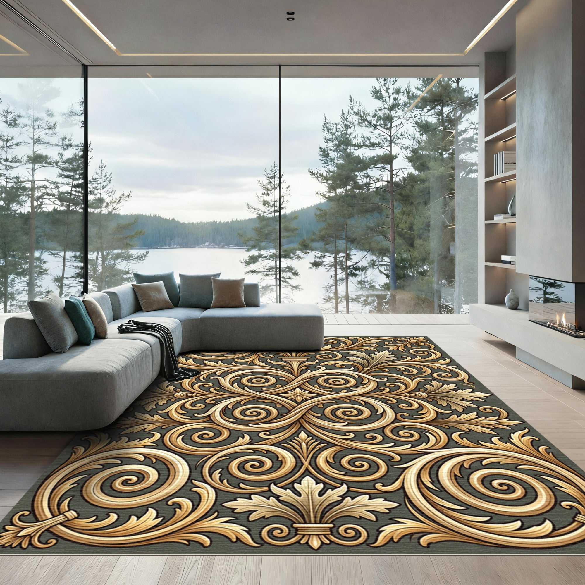 Ornate Golden Acanthus Swirl Rug