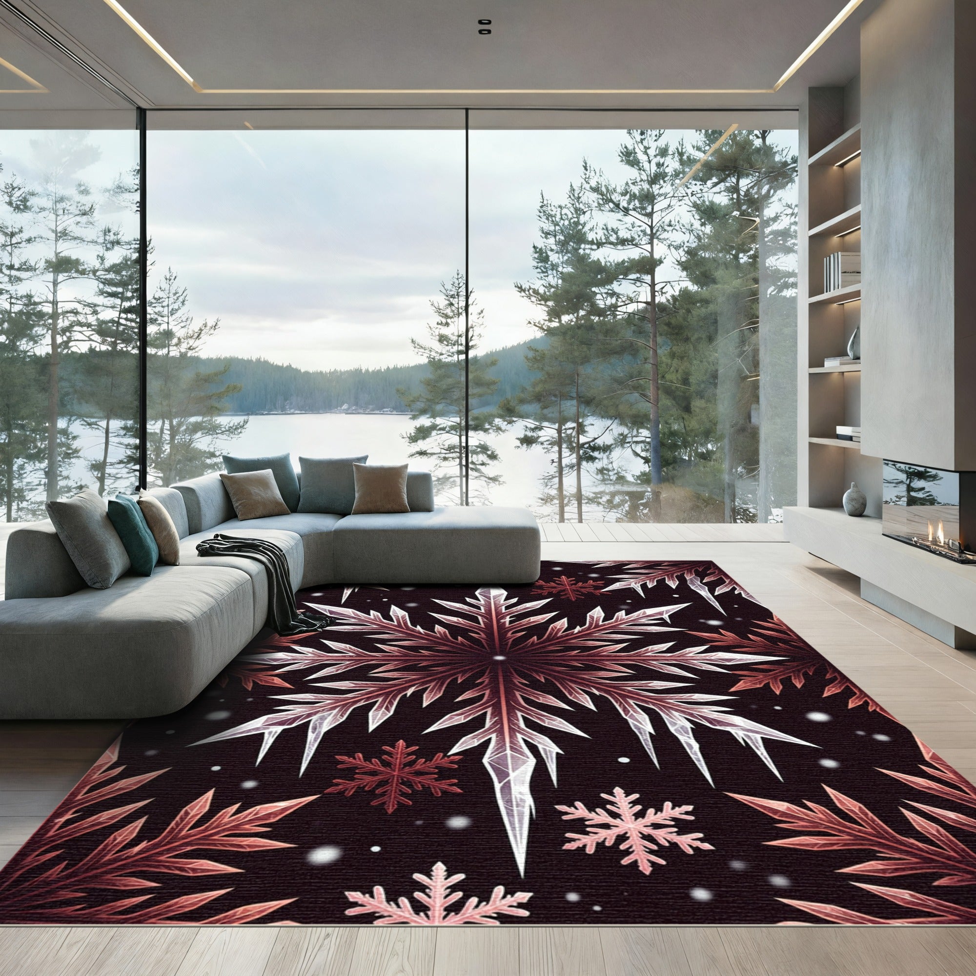 Crimson Ice Crystal Snowflake Garland Rug