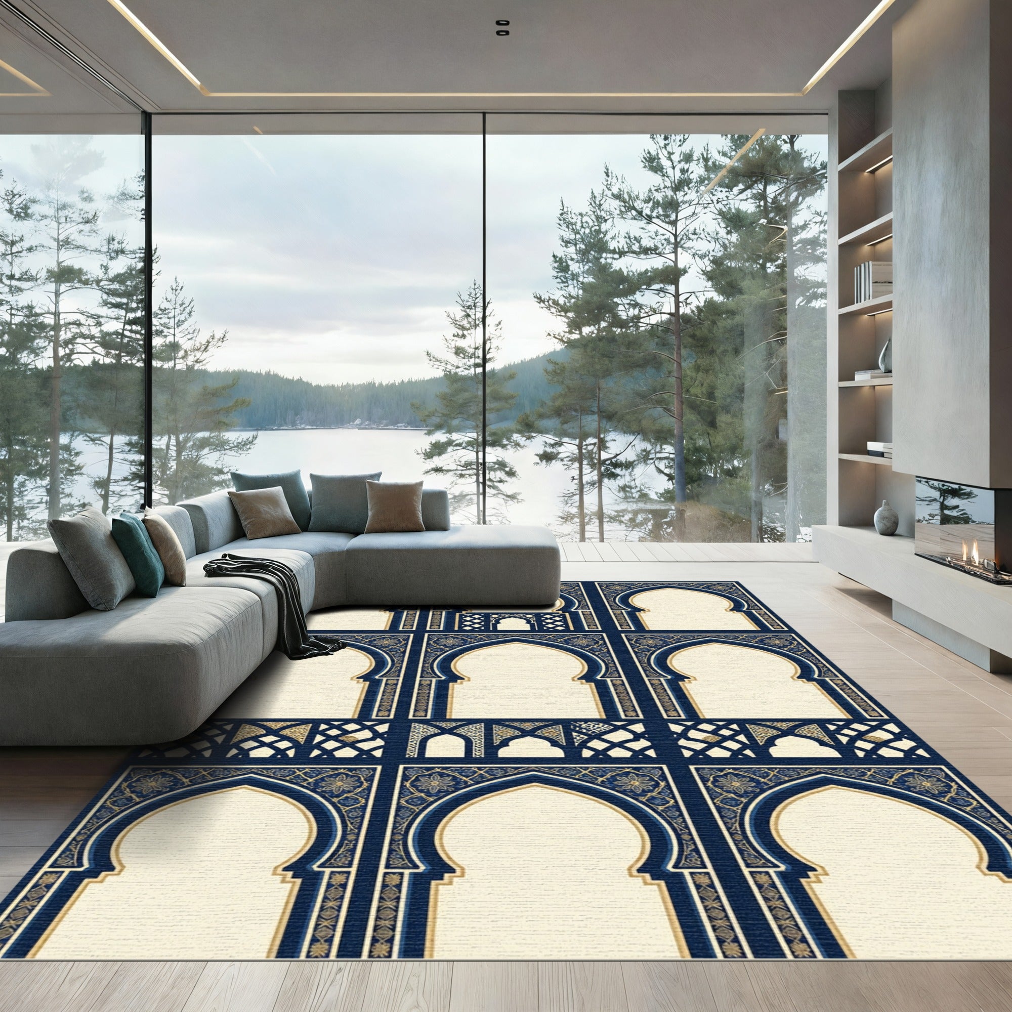 Navy Golden Arch Lattice Mosaic Rug