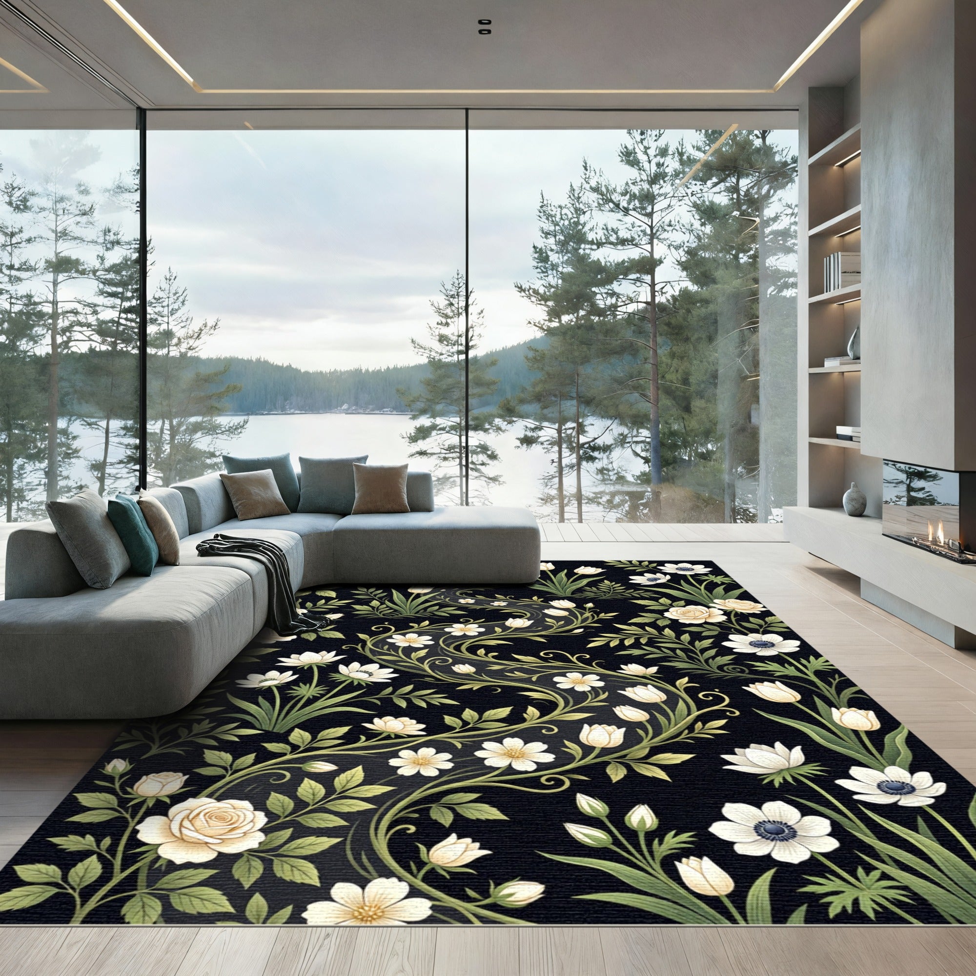 Cream floral vine meandering river Rug