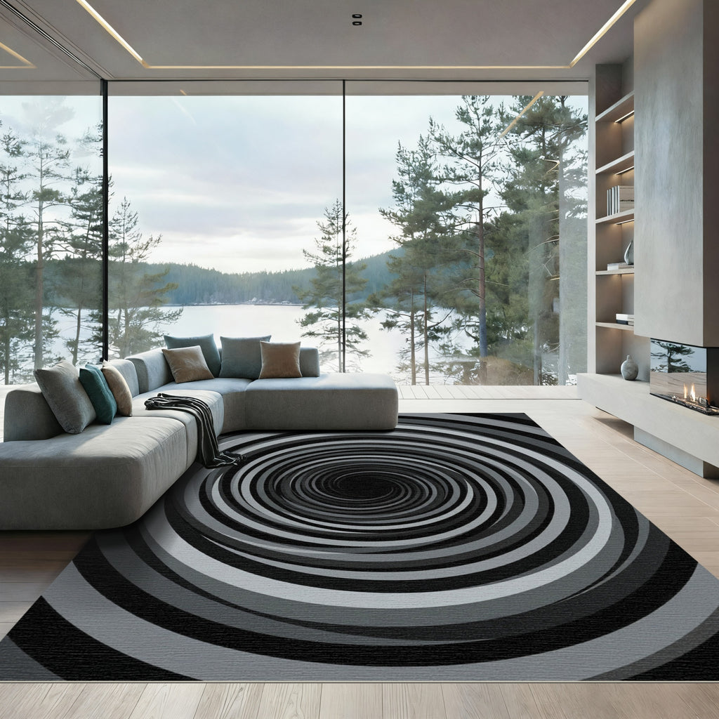 Modern Monochrome Hypnotic Swirl Rug