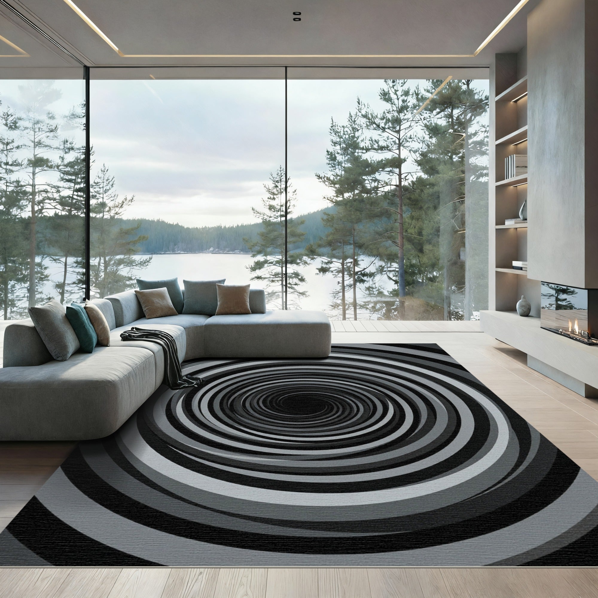 Modern Monochrome Hypnotic Swirl Rug
