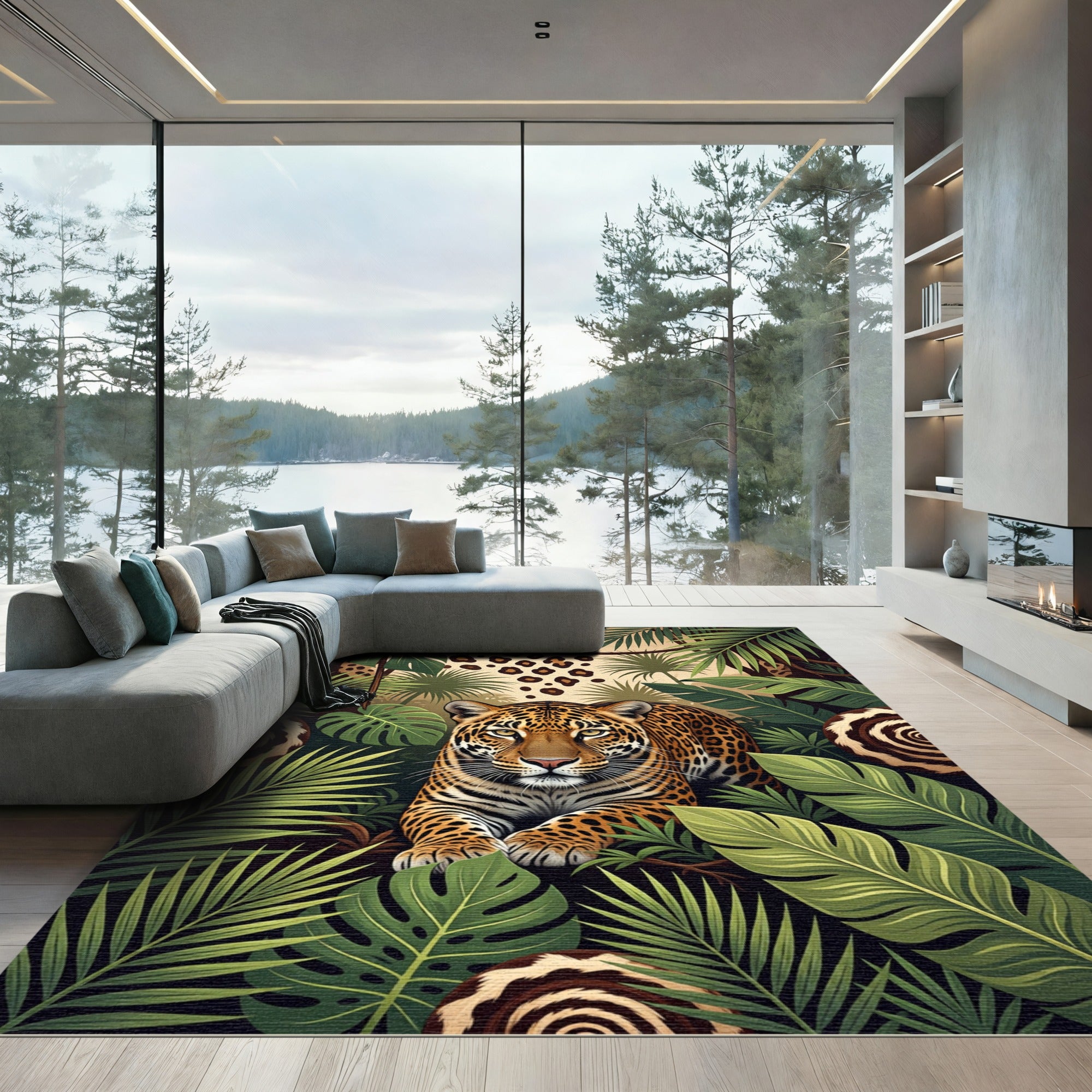 Jungle Jaguar With Tropical Foliage Rug