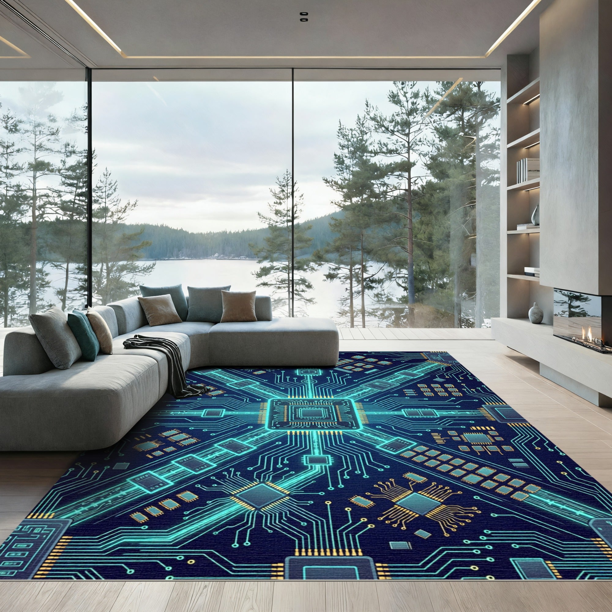 Luminous Neon Cybernetic Circuit Grid Rug