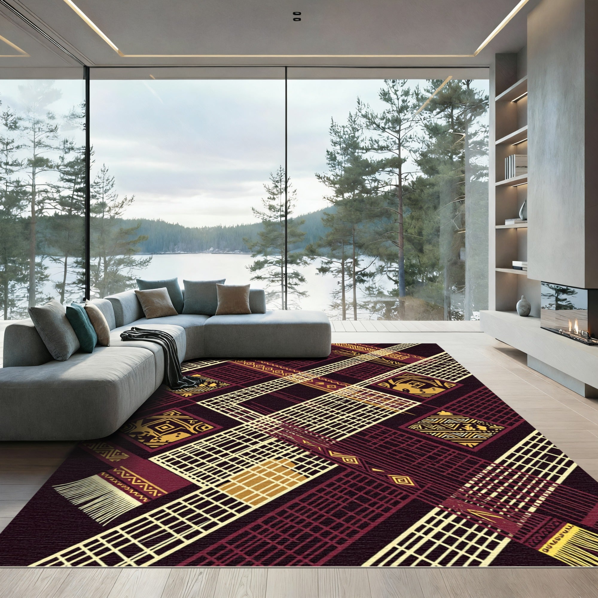 Geometric Maroon Gold African Lattice Rug