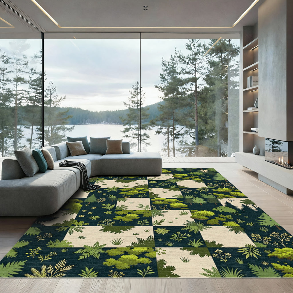 Forest Green Woodland Patchwork Squares Rug