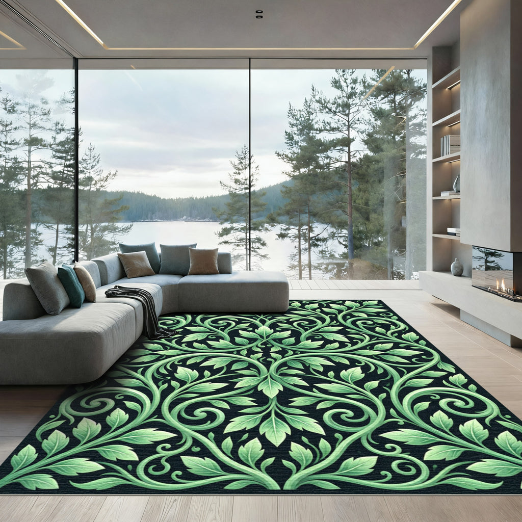 Ethereal Sage Verdant Foliage Scroll Rug