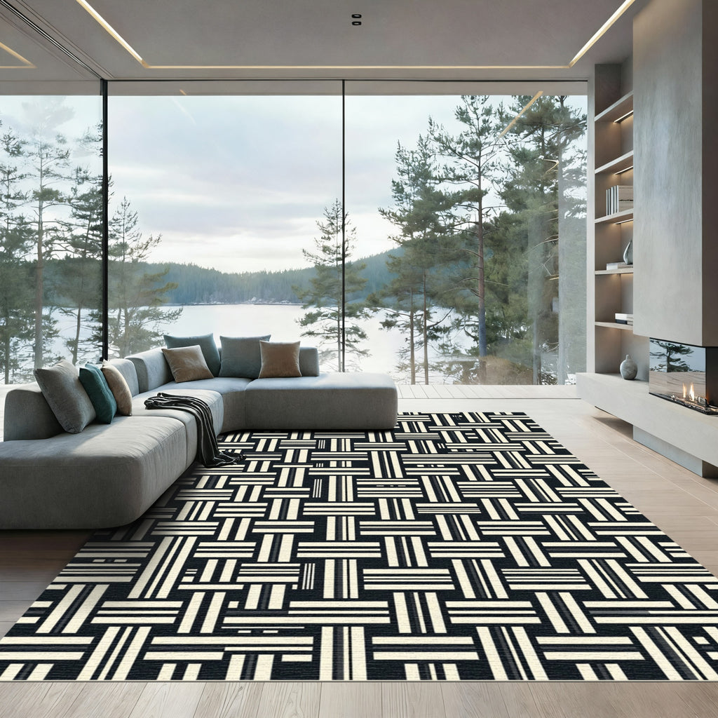 Modern Monochrome Interwoven Grid Geometric Rug