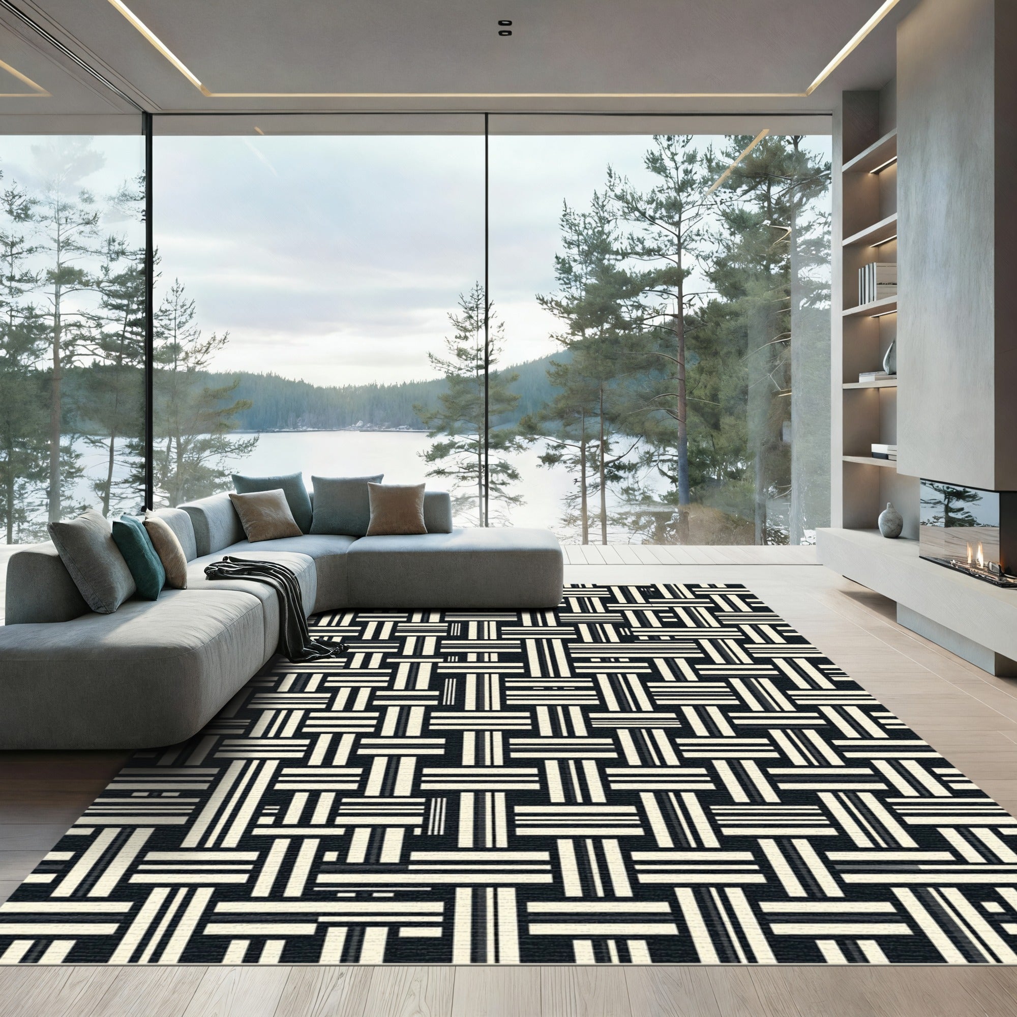 Modern Monochrome Interwoven Grid Geometric Rug