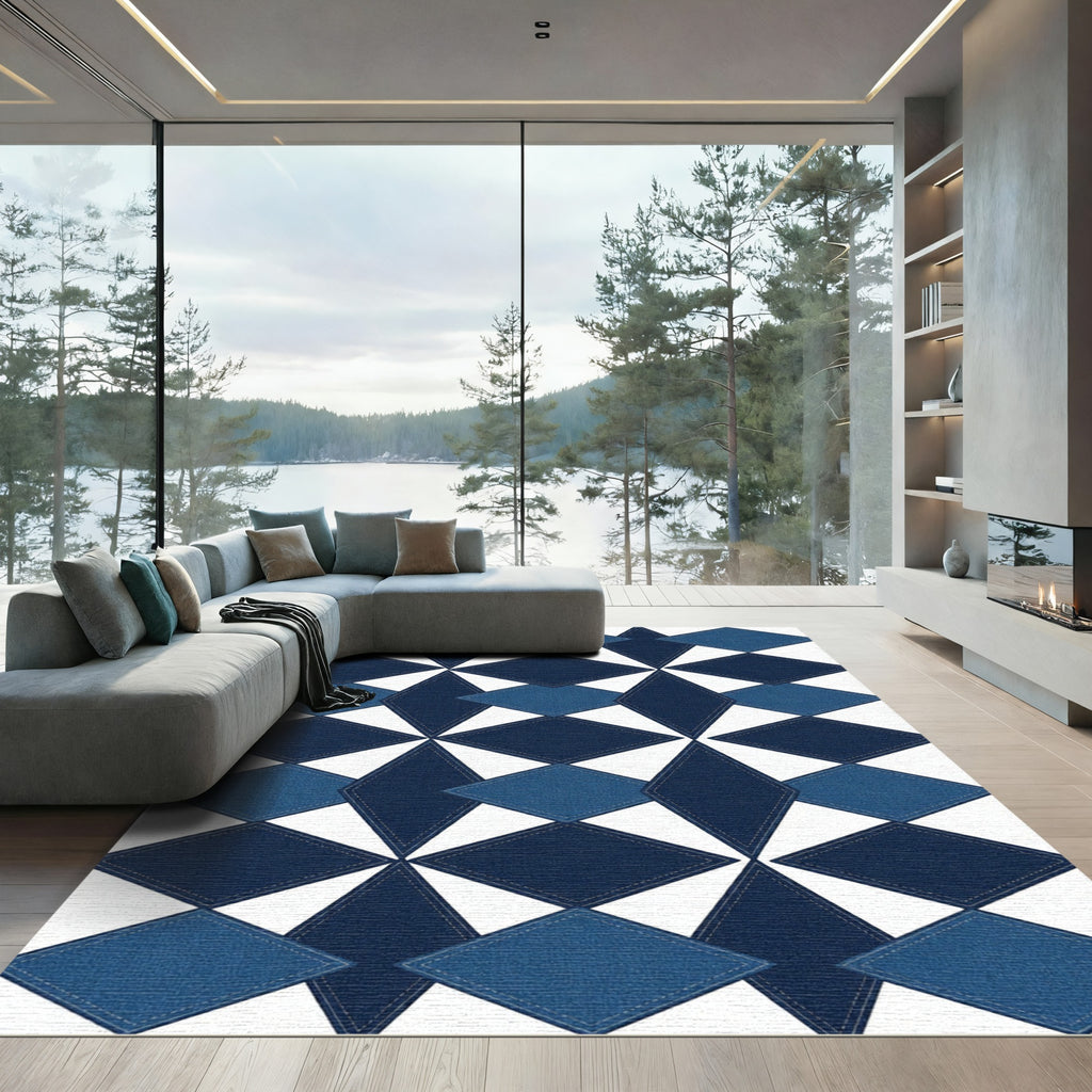 Geometric Navy and Slate Diamond Tile Rug